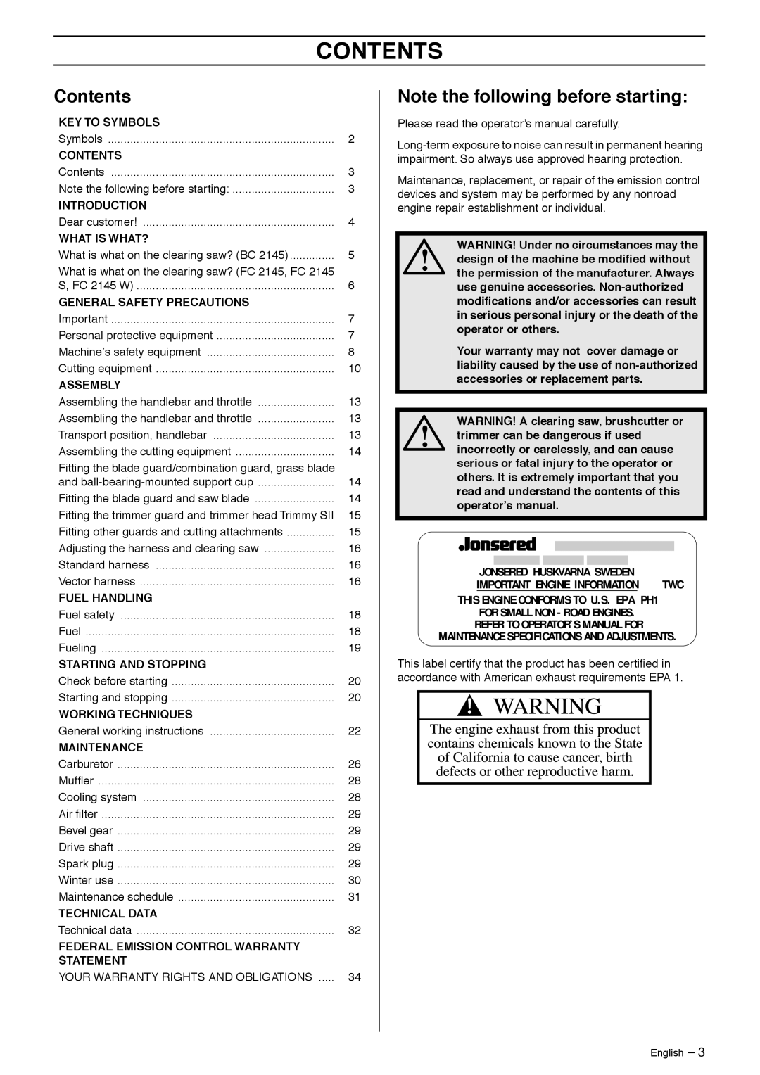 Jonsered BC2145, FC2145W manual Contents 