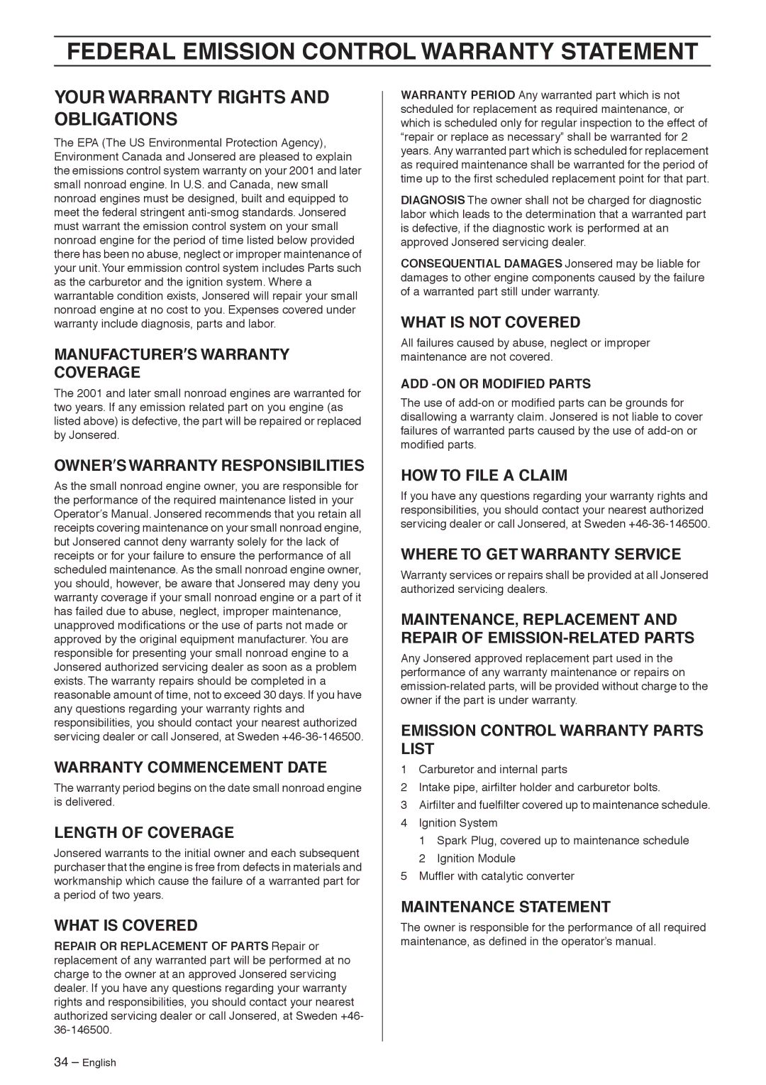 Jonsered FC2145W, BC2145 manual Federal Emission Control Warranty Statement, Your Warranty Rights and Obligations 