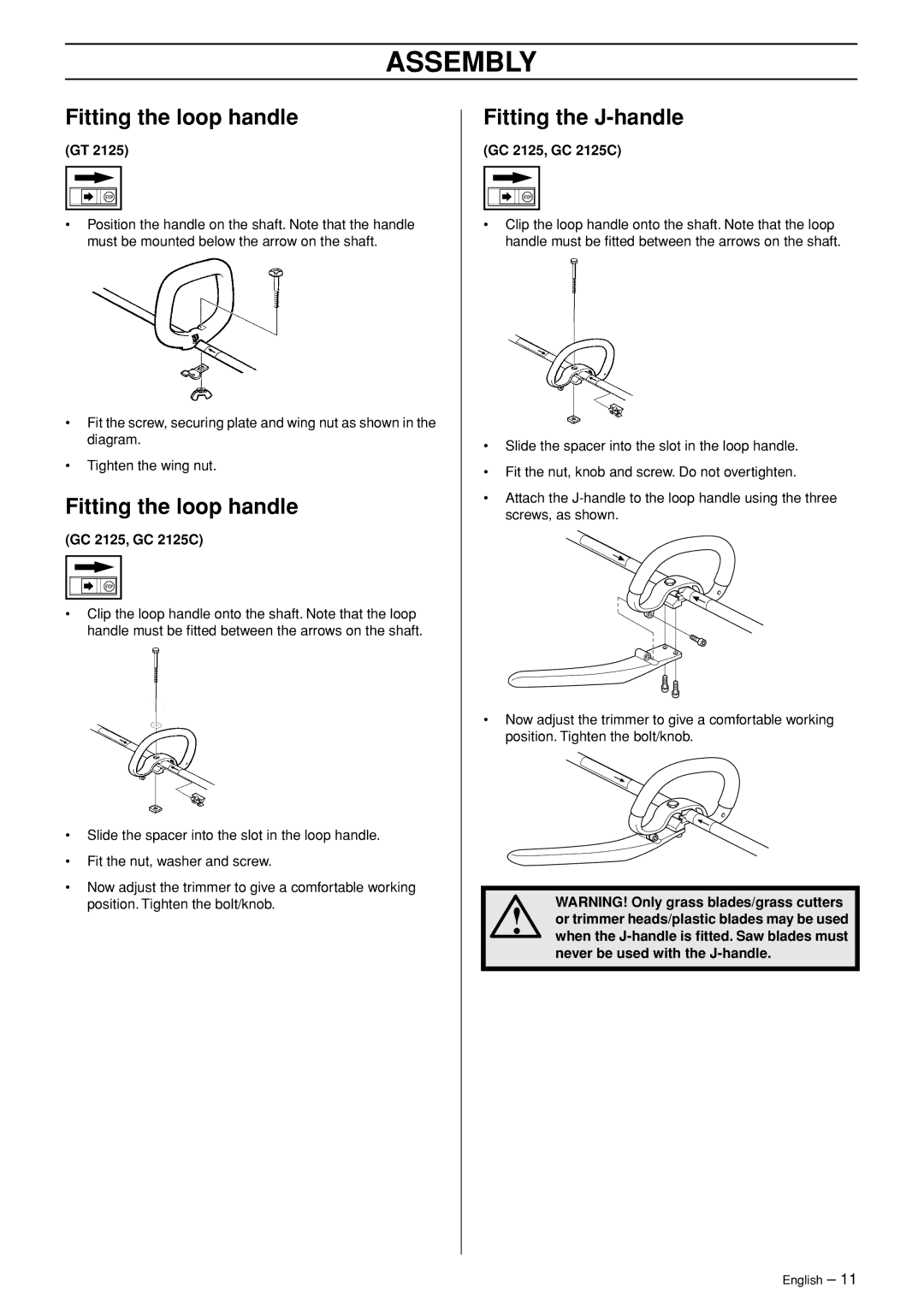 Jonsered GC 2125C manual Assembly, Fitting the loop handle, Fitting the J-handle 