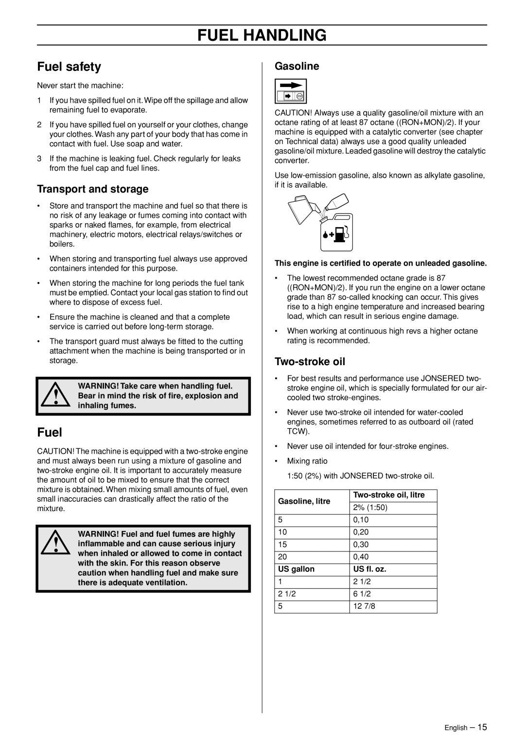 Jonsered GC 2125C manual Fuel Handling, Fuel safety 