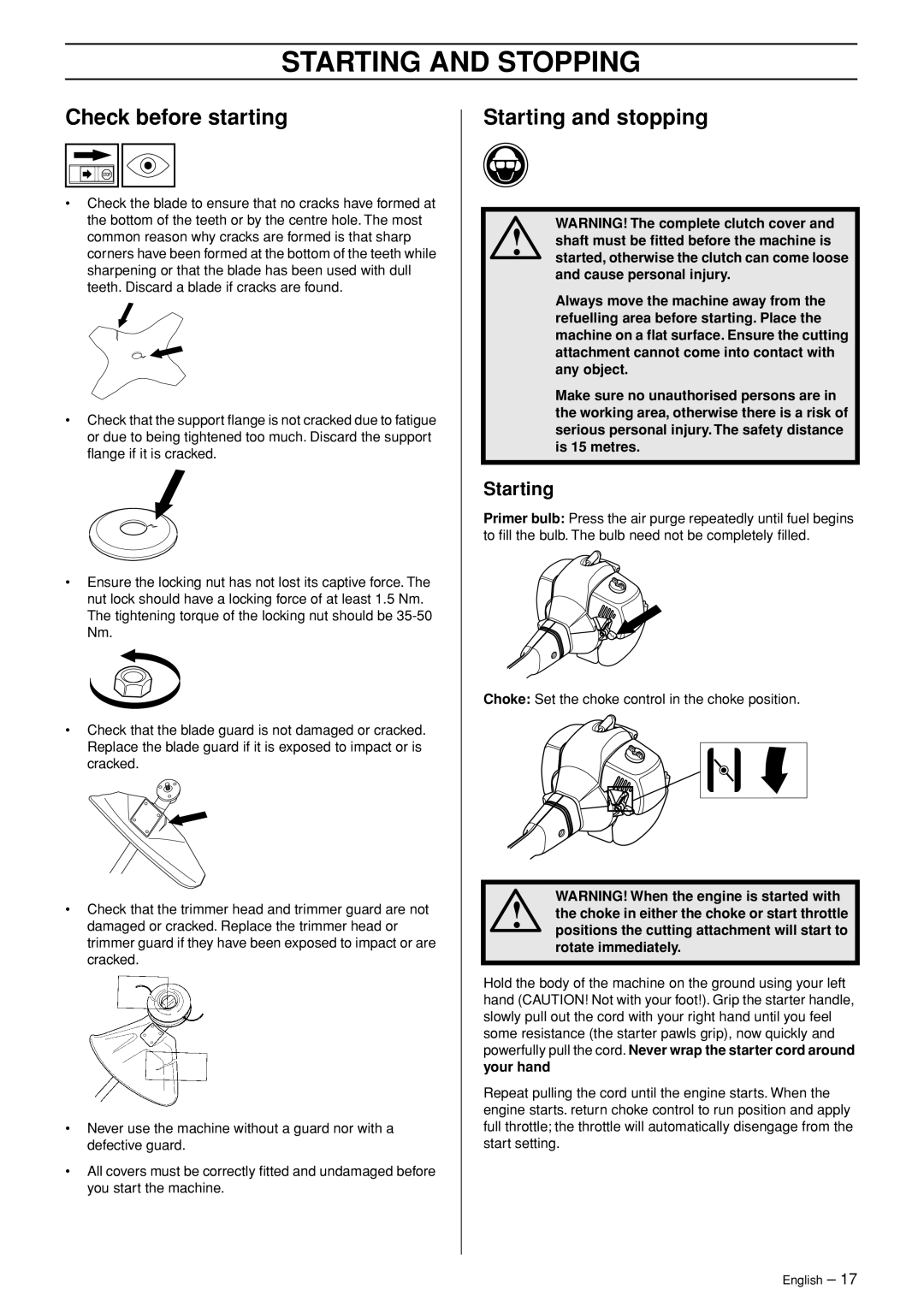 Jonsered GC 2125C manual Starting and Stopping, Check before starting, Starting and stopping 