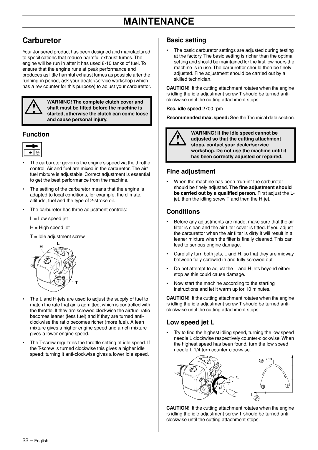 Jonsered GC 2125C manual Maintenance, Carburetor 