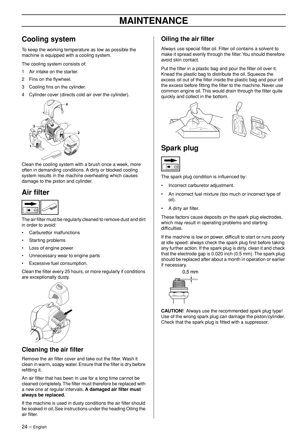 Jonsered GC 2125C manual Cooling system, Air ﬁlter, Spark plug, Cleaning the air ﬁlter, Oiling the air ﬁlter 