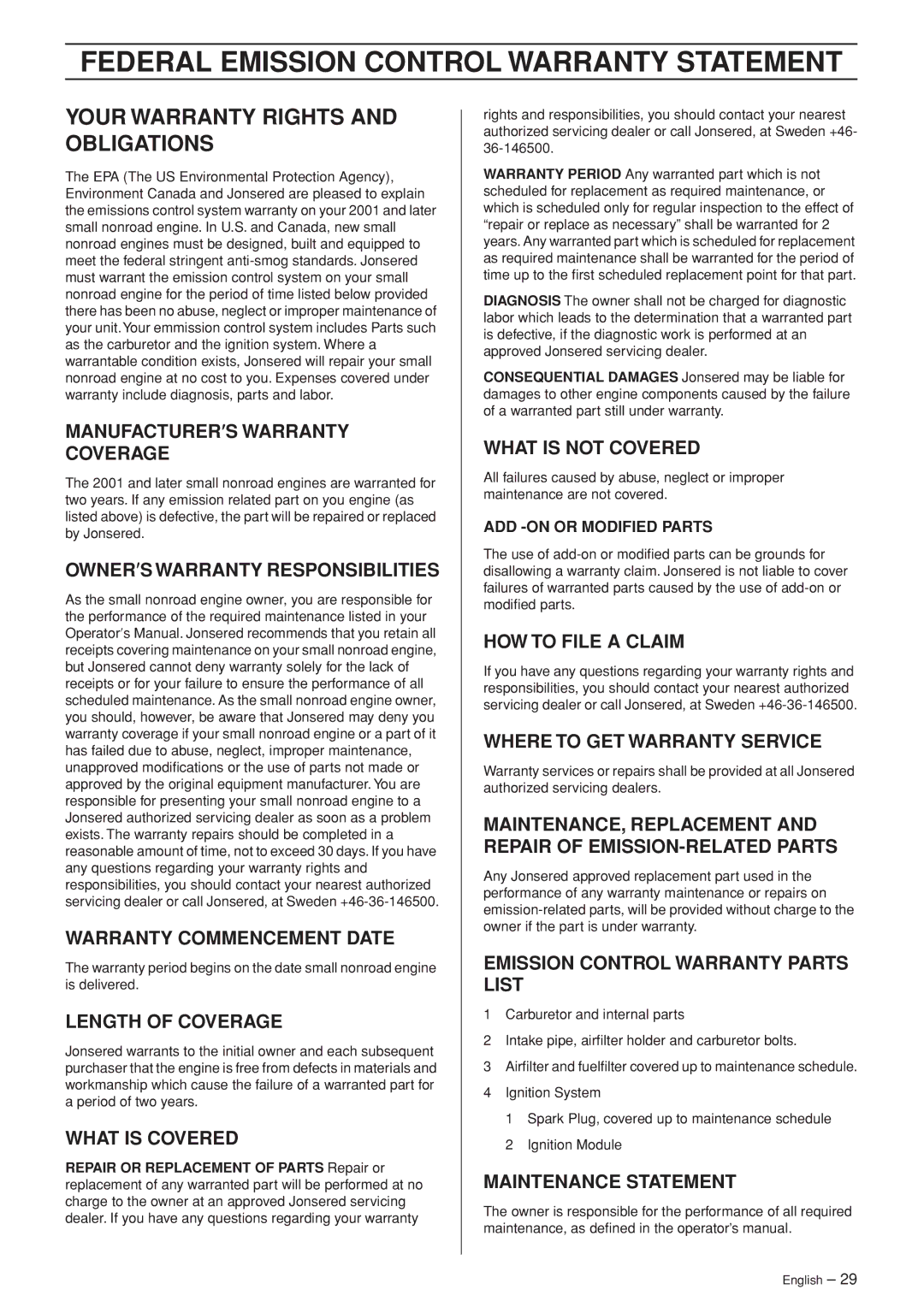 Jonsered GC 2125C manual Federal Emission Control Warranty Statement, Your Warranty Rights and Obligations 