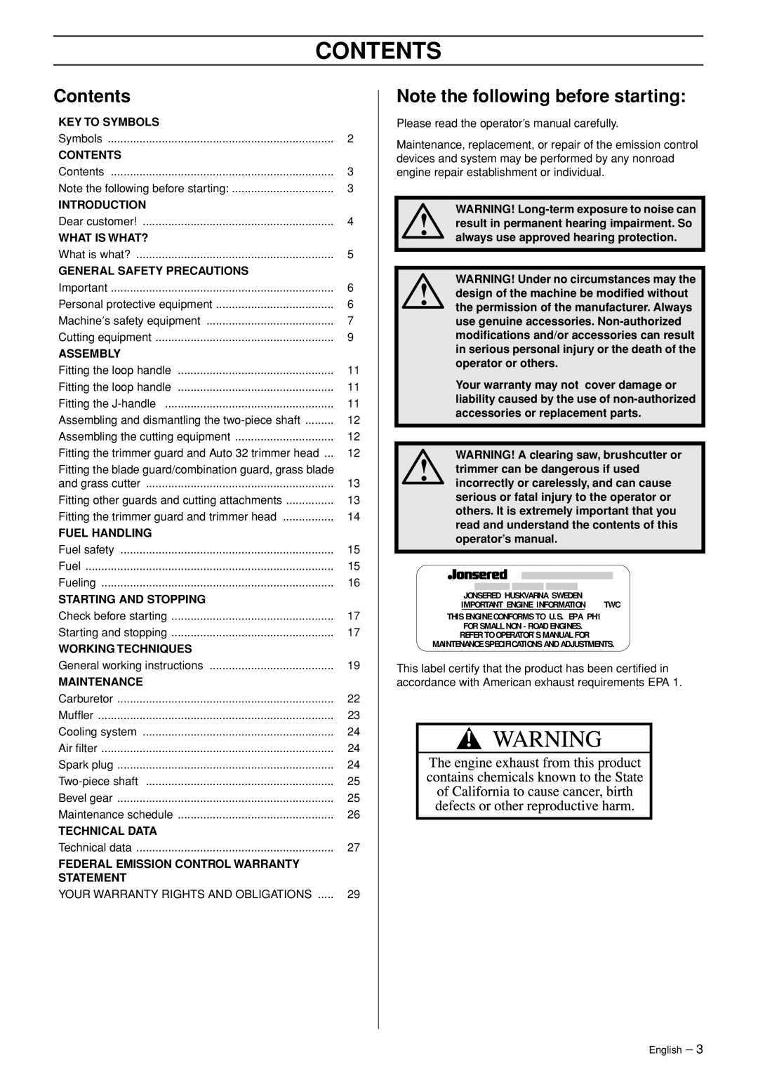 Jonsered GC 2125C manual Contents 