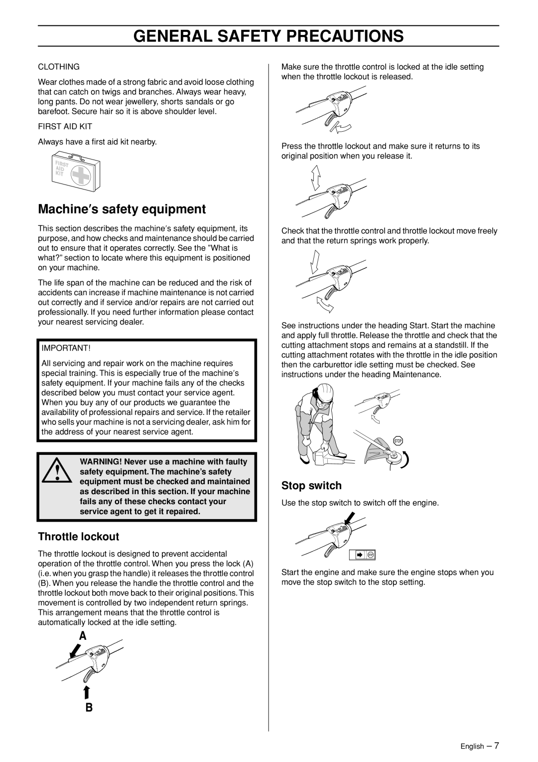 Jonsered GC 2125C manual Machine′s safety equipment, Throttle lockout, Stop switch 