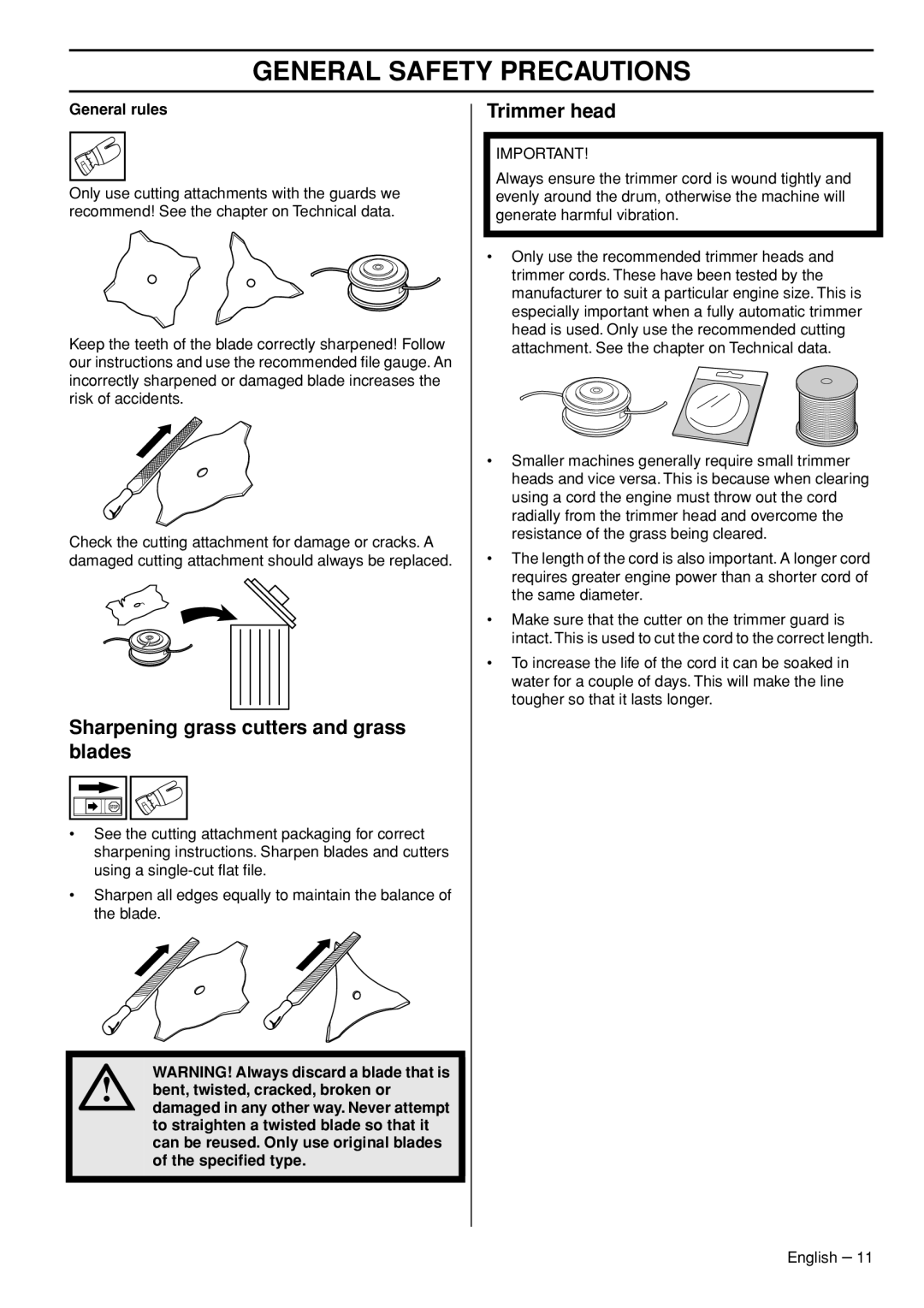 Jonsered GC2236 manual Sharpening grass cutters and grass blades, Trimmer head, General rules 