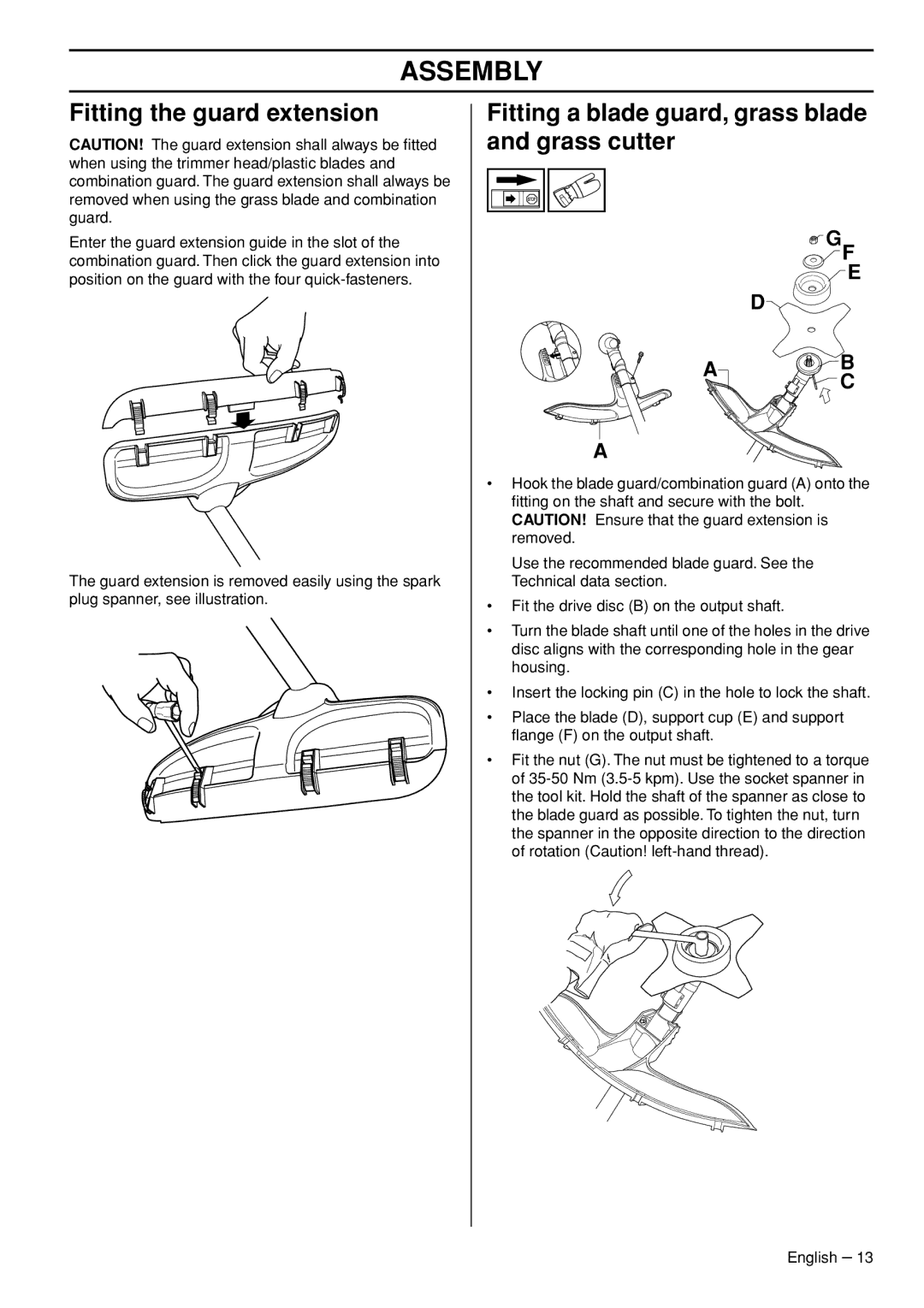 Jonsered GC2236 manual Fitting the guard extension, Fitting a blade guard, grass blade and grass cutter 