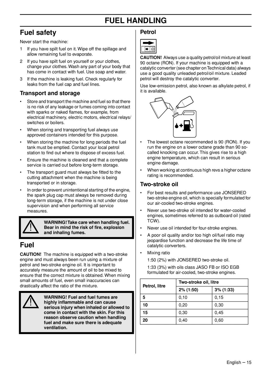 Jonsered GC2236 manual Fuel Handling, Fuel safety 