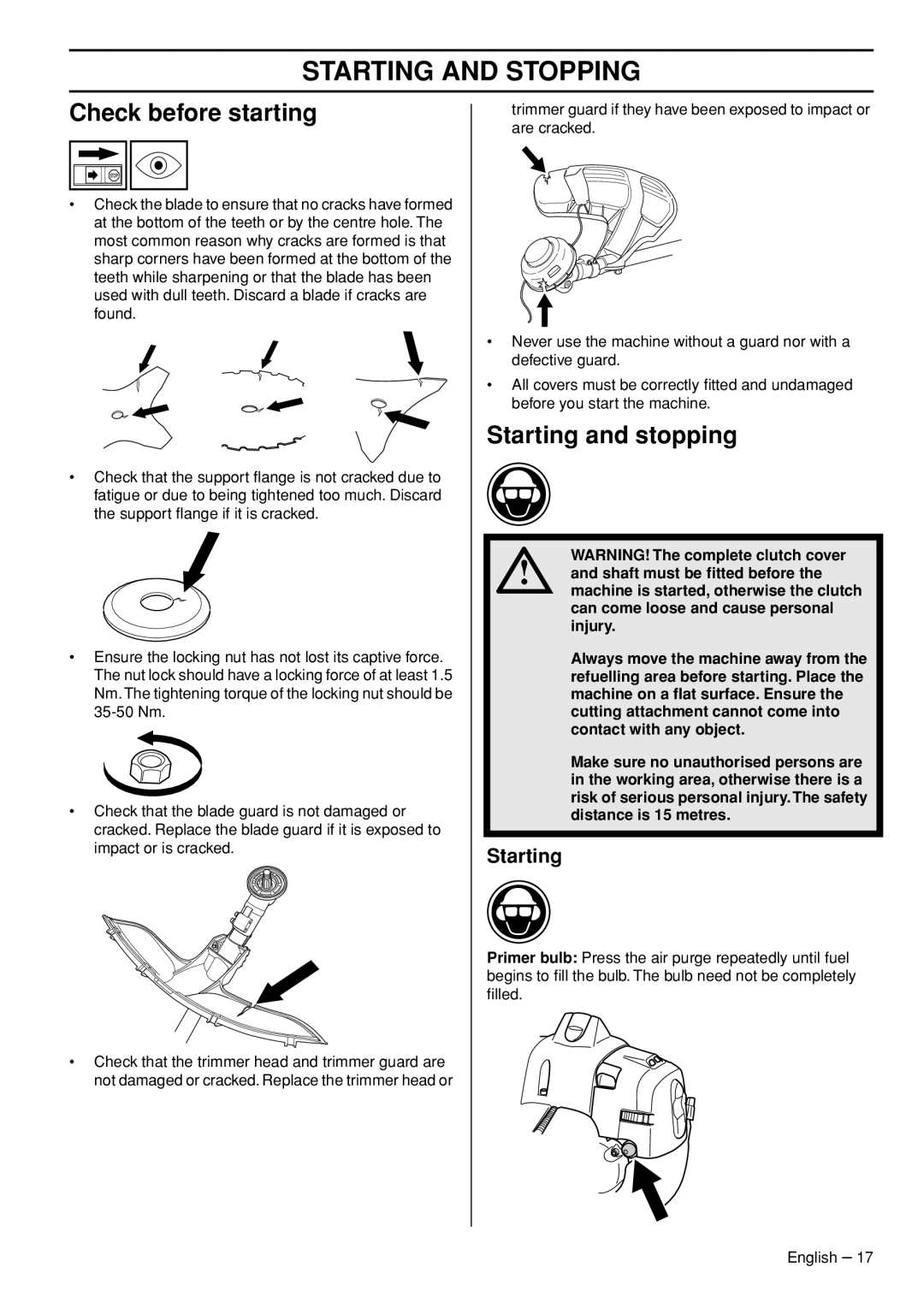 Jonsered GC2236 manual Starting and Stopping, Check before starting, Starting and stopping 