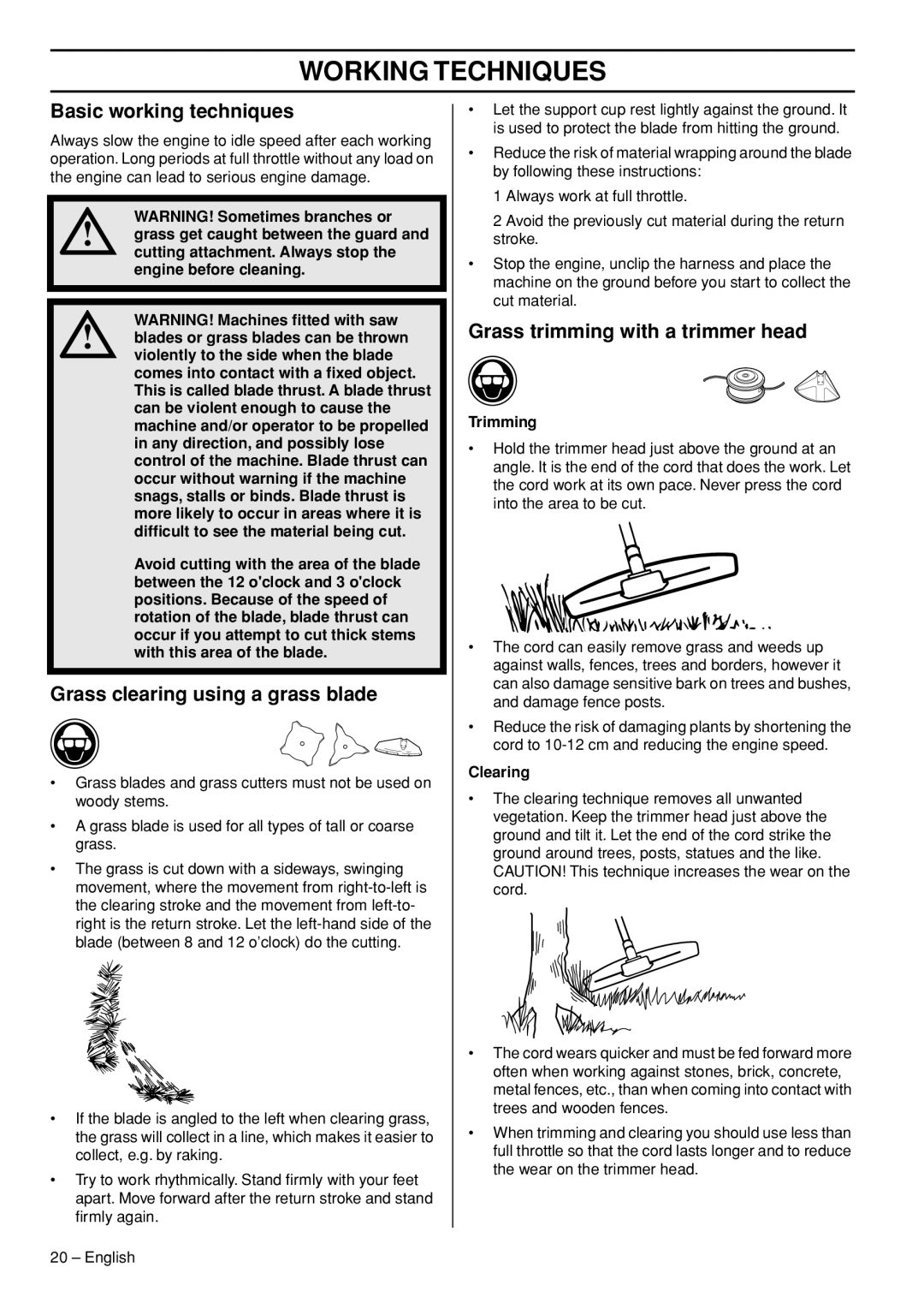 Jonsered GC2236 Basic working techniques, Grass clearing using a grass blade, Grass trimming with a trimmer head, Trimming 