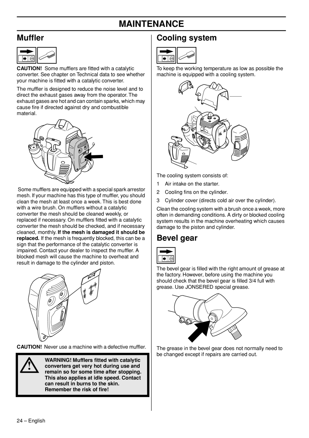 Jonsered GC2236 manual Mufﬂer, Cooling system, Bevel gear, Remember the risk of ﬁre 