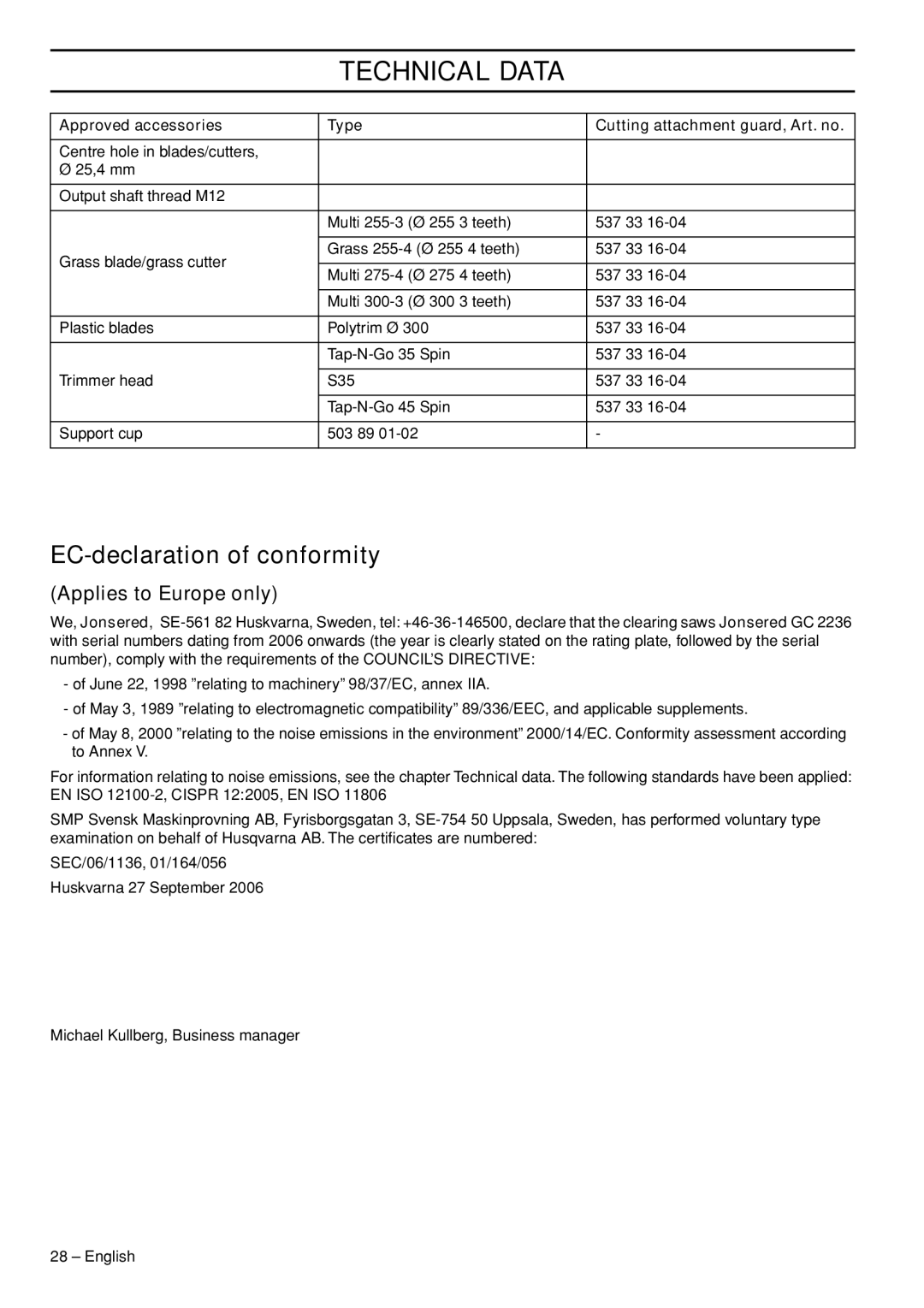 Jonsered GC2236 manual EC-declaration of conformity, Applies to Europe only, EN ISO 12100-2, Cispr 122005, EN ISO 