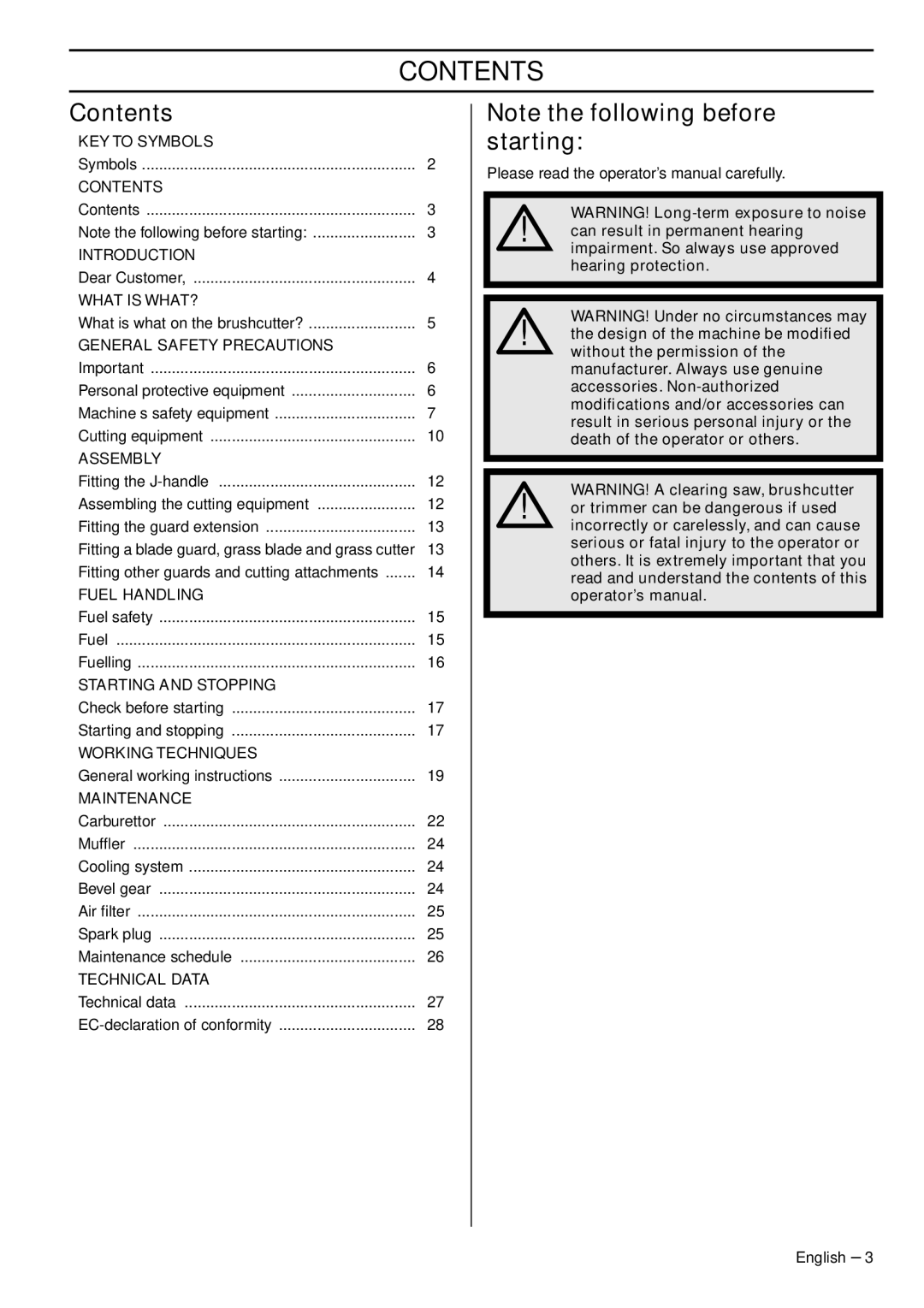 Jonsered GC2236 manual Contents 