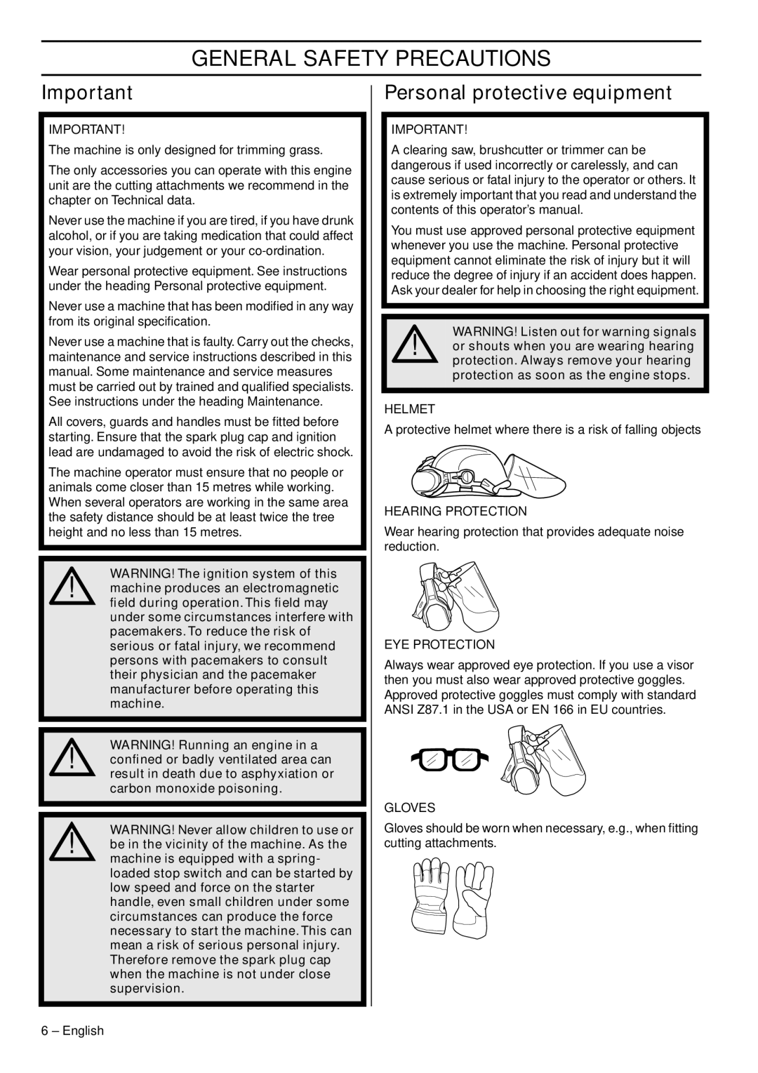 Jonsered GC2236 manual General Safety Precautions, Personal protective equipment 