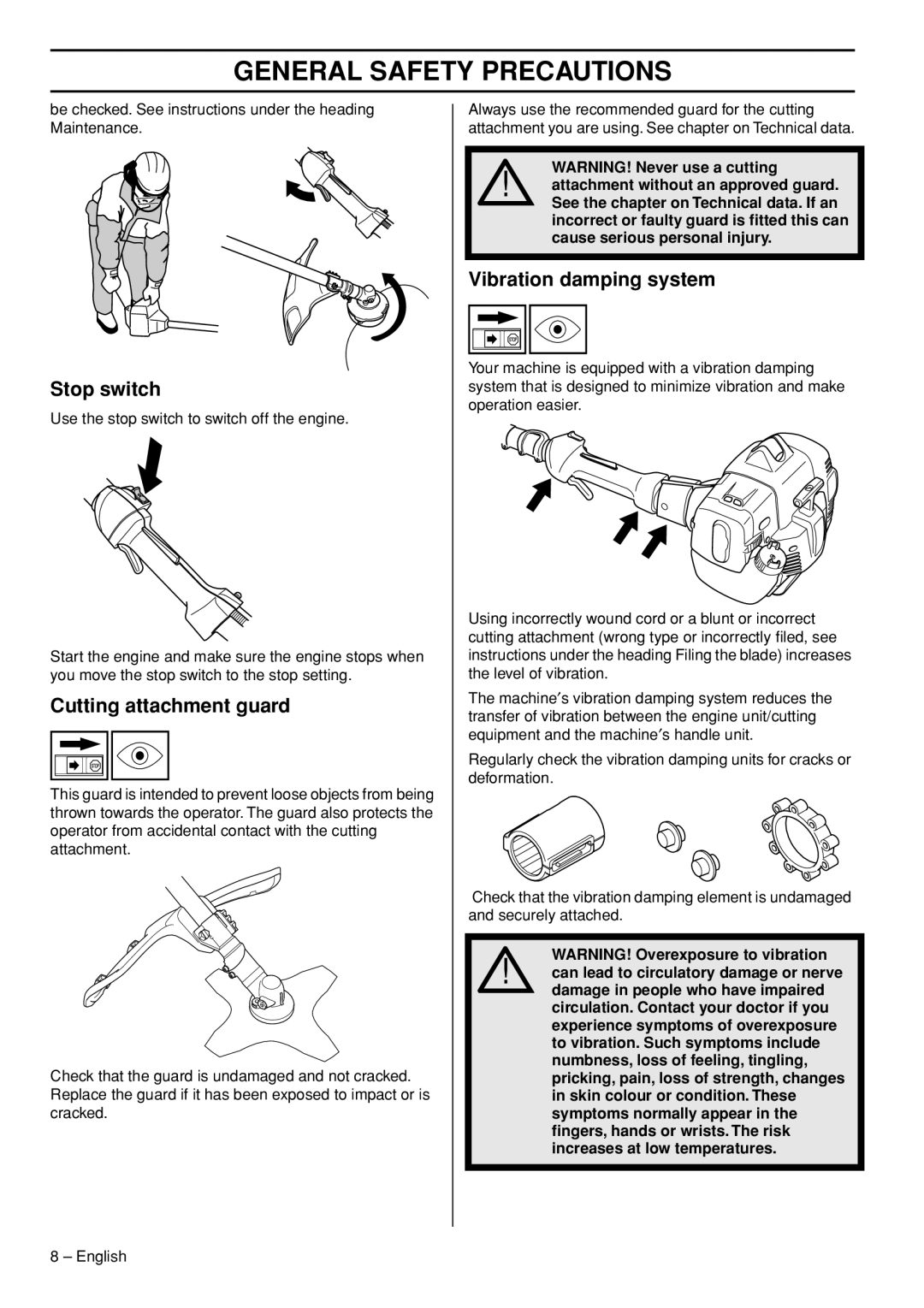 Jonsered GC2236 manual Stop switch, Cutting attachment guard, Vibration damping system 