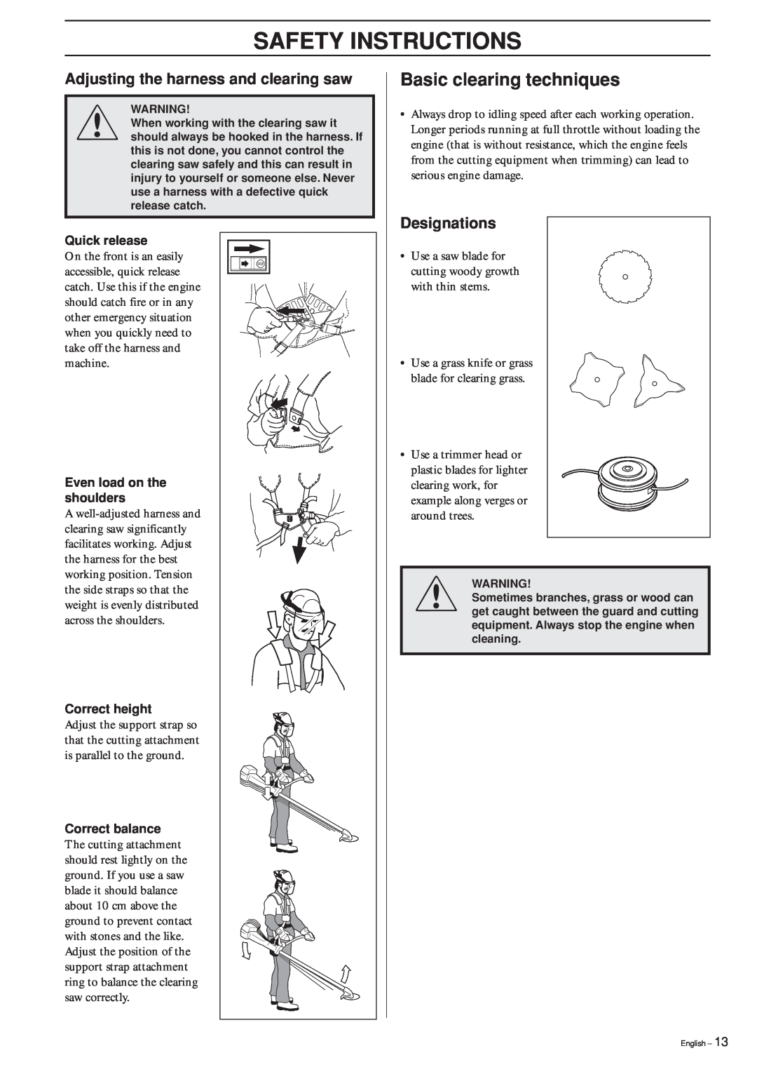 Jonsered GR 2126D Basic clearing techniques, Safety Instructions, Adjusting the harness and clearing saw, Designations 