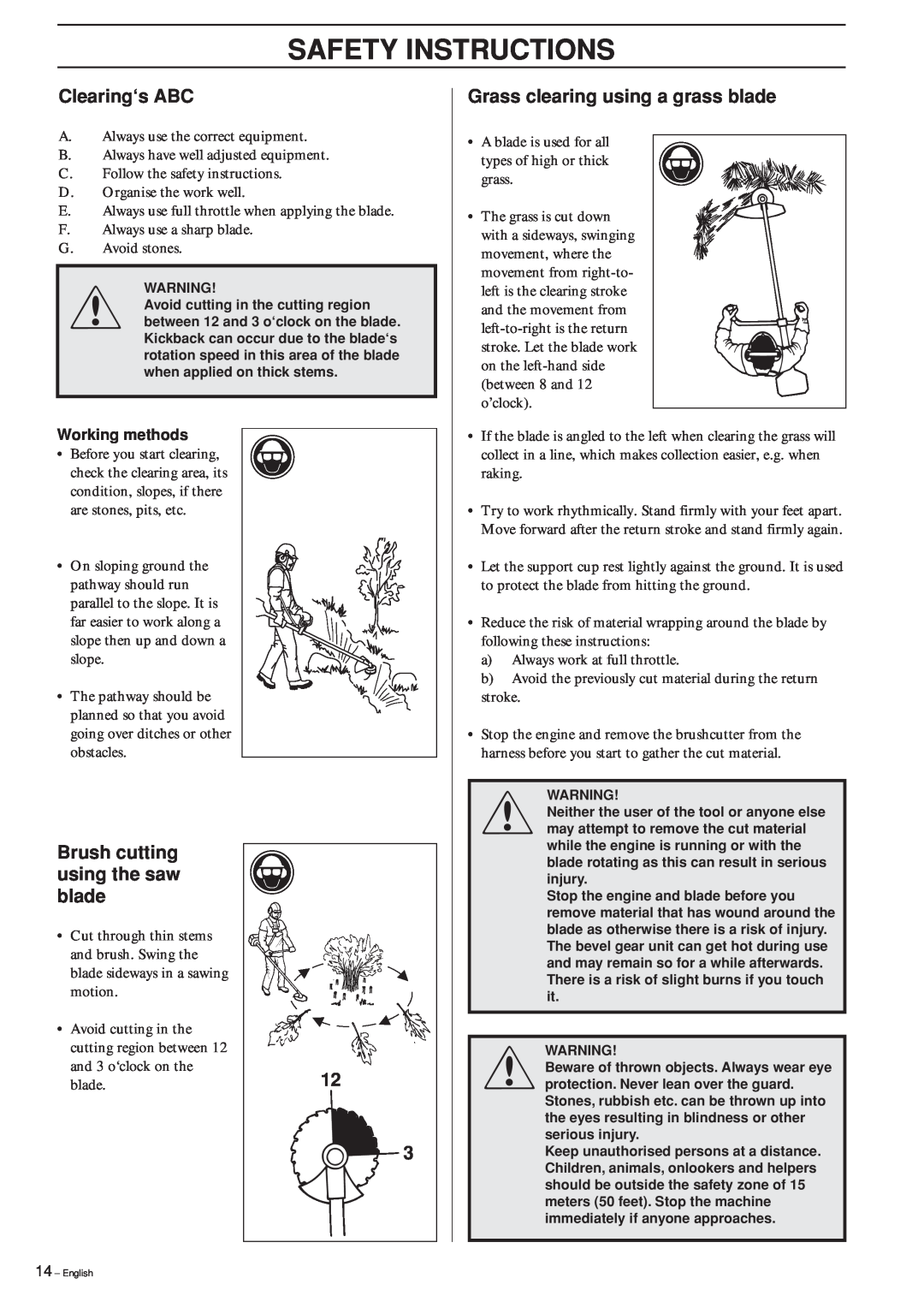 Jonsered GR 2126D manual Safety Instructions, Clearing‘s ABC, Grass clearing using a grass blade, Working methods 