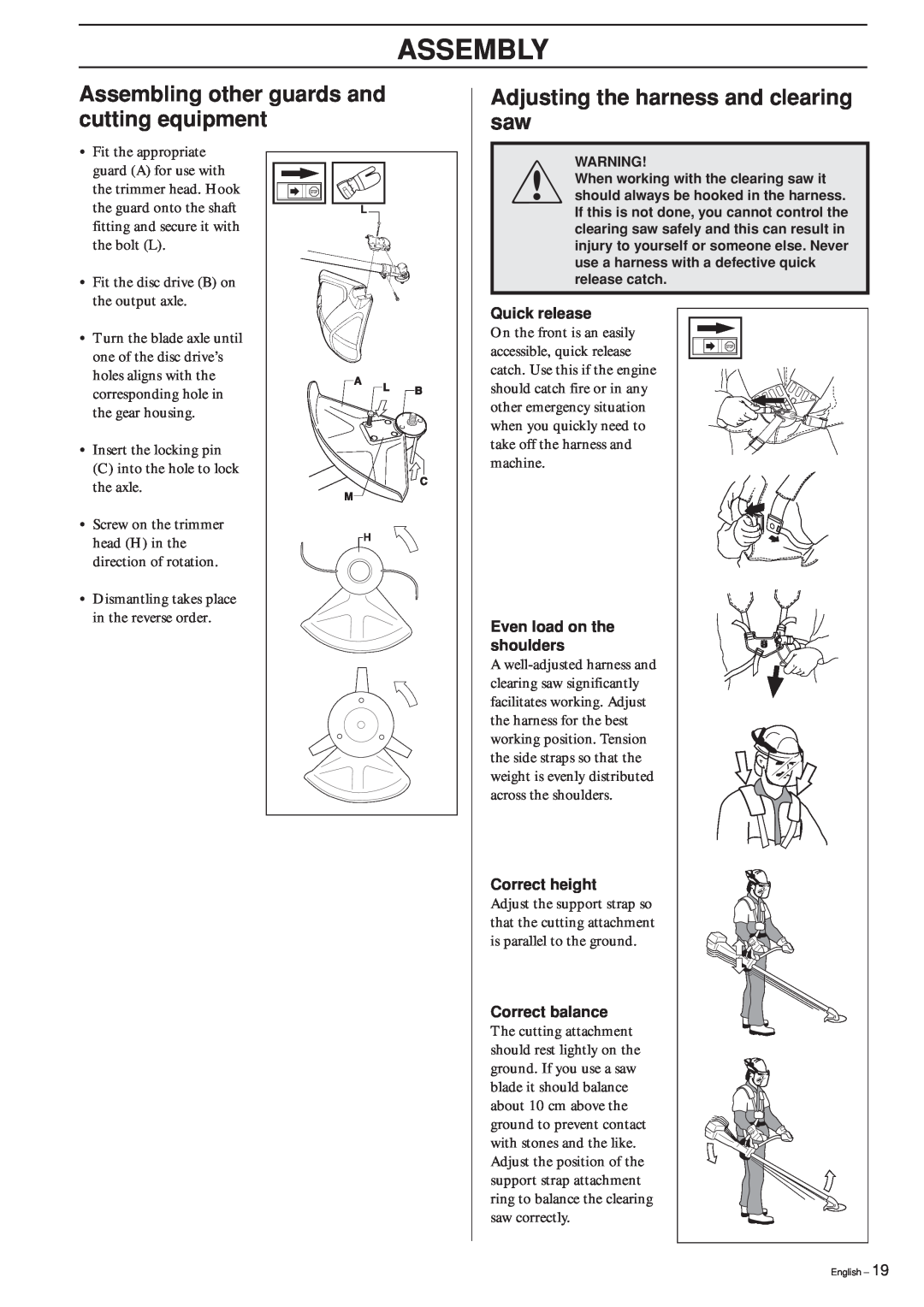 Jonsered GR 2126D manual Assembling other guards and cutting equipment, Adjusting the harness and clearing saw, Assembly 