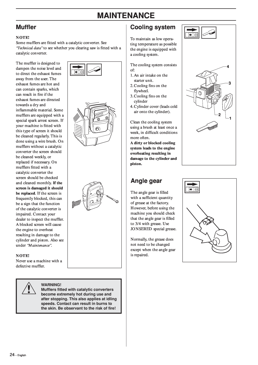 Jonsered GR 2126D manual Muffler, Cooling system, Angle gear, Maintenance 