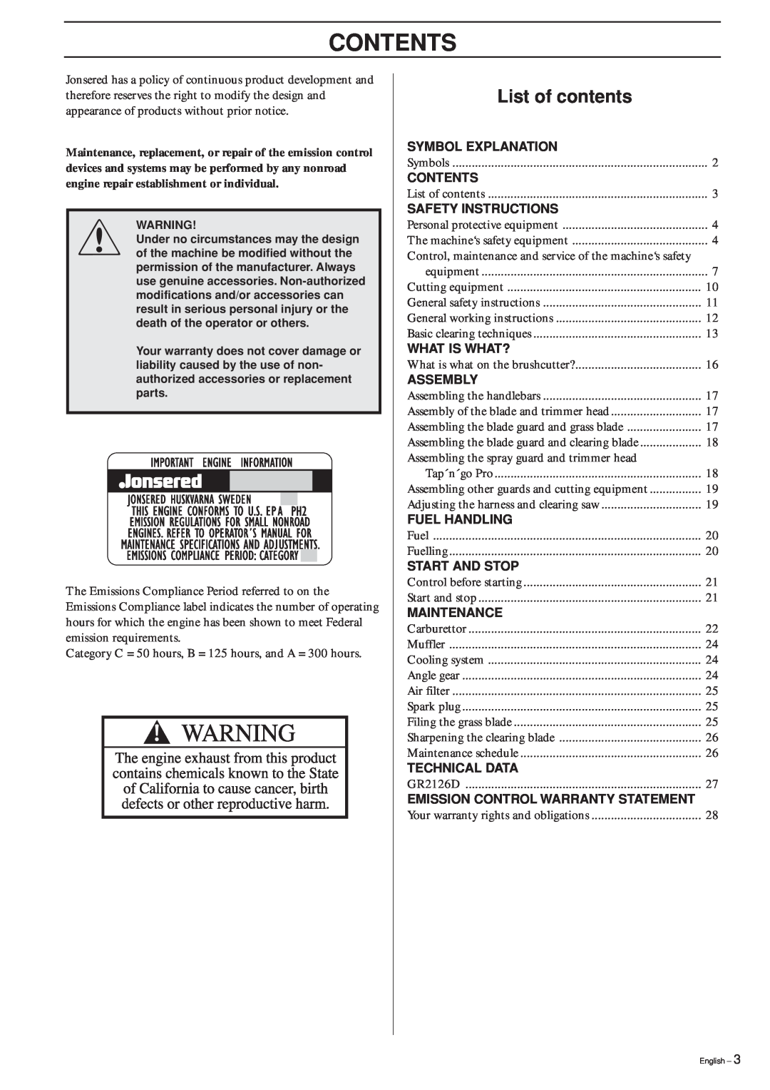 Jonsered GR 2126D manual Contents, List of contents 