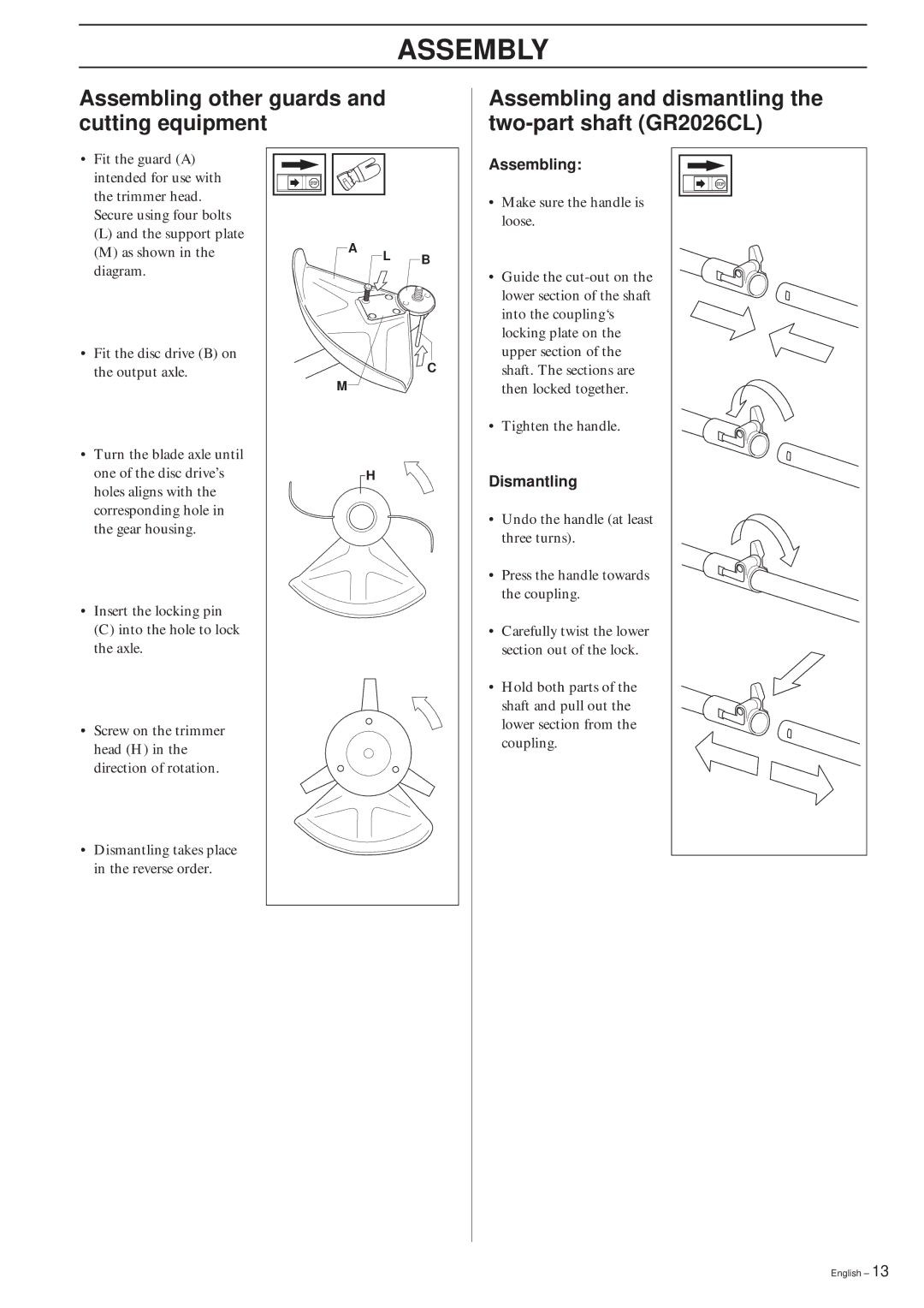 Jonsered GR2026L/CL, GR2032L manual Assembling, Dismantling 