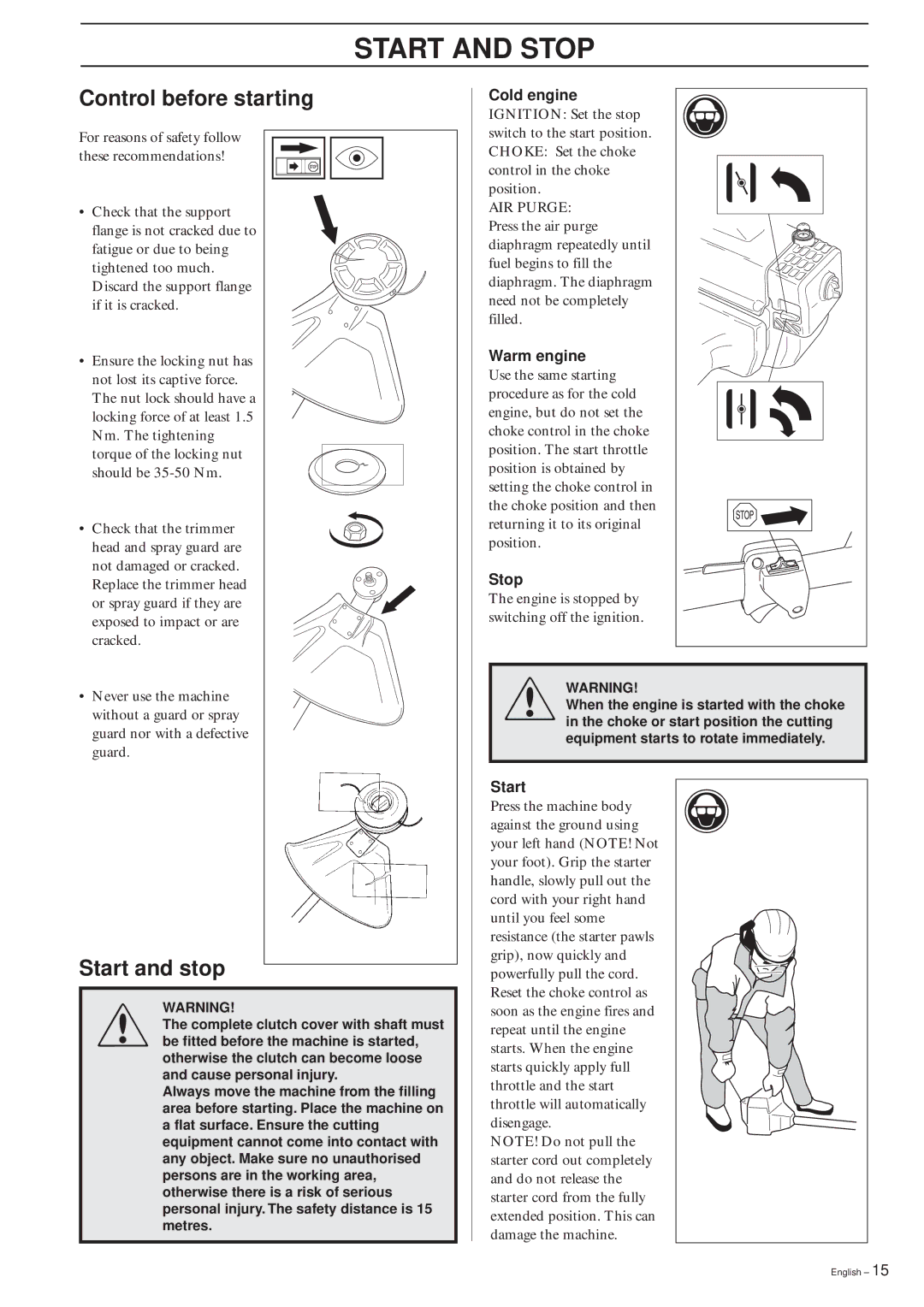 Jonsered GR2026L/CL, GR2032L manual Start and Stop, Control before starting, Start and stop 