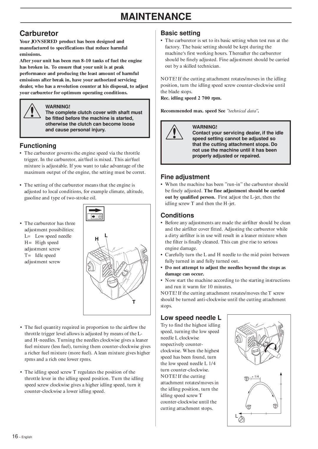 Jonsered GR2032L, GR2026L/CL manual Maintenance, Carburetor 