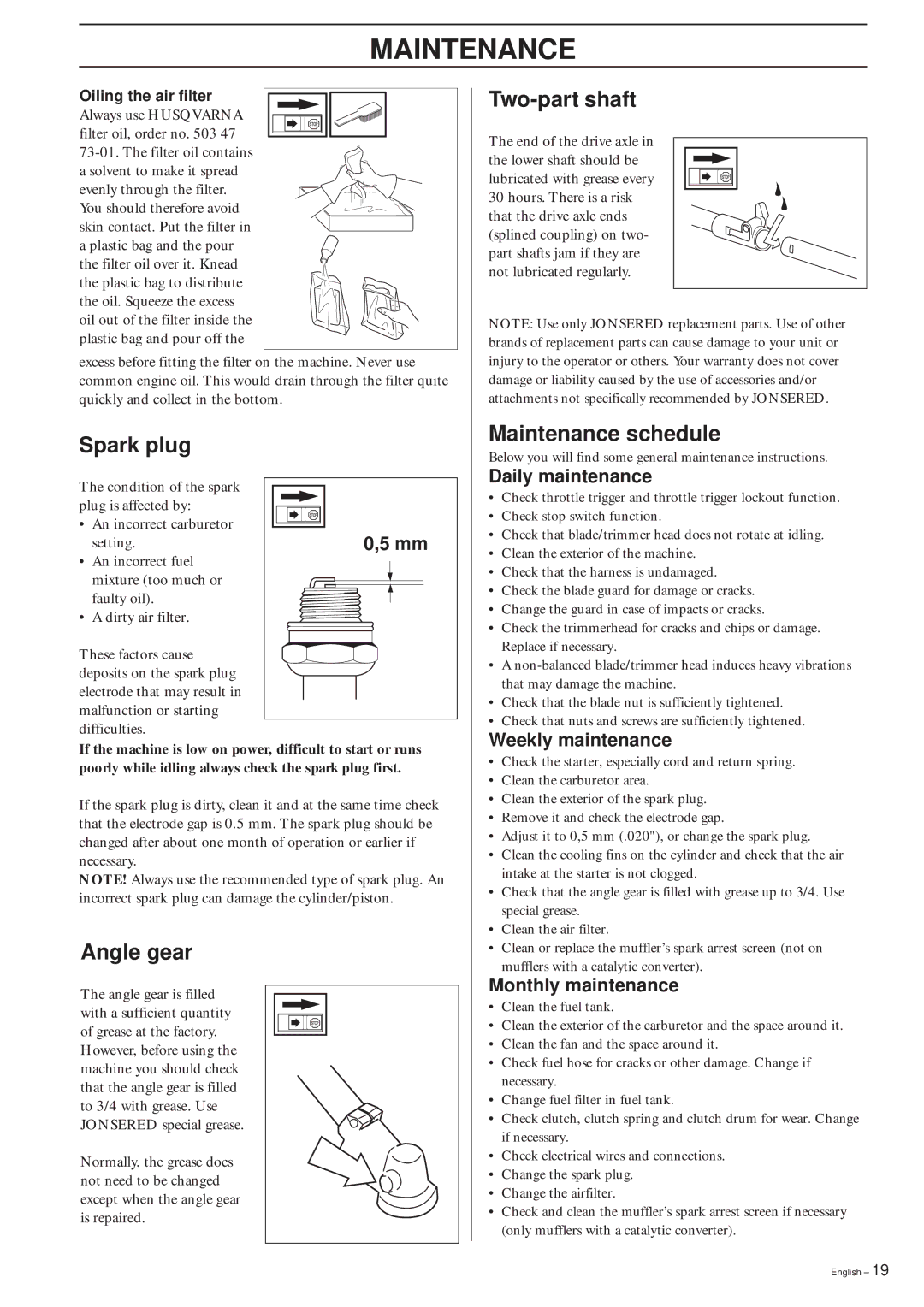 Jonsered GR2026L/CL, GR2032L manual Spark plug Two-part shaft, Maintenance schedule, Angle gear 