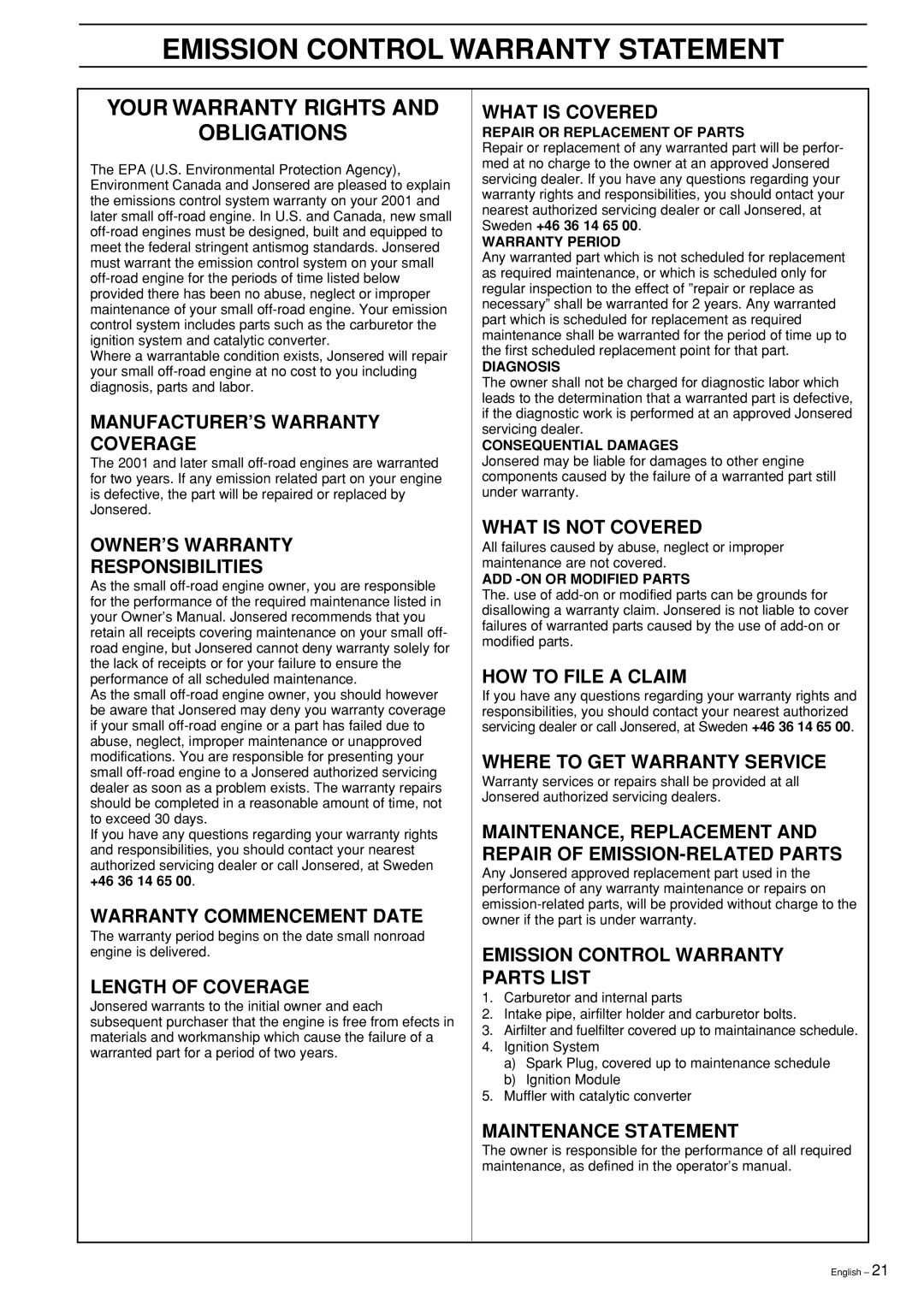 Jonsered GR2026L/CL, GR2032L manual Emission Control Warranty Statement, Your Warranty Rights Obligations 