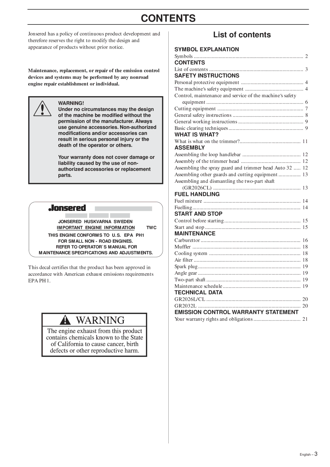 Jonsered GR2026L/CL, GR2032L manual Contents 