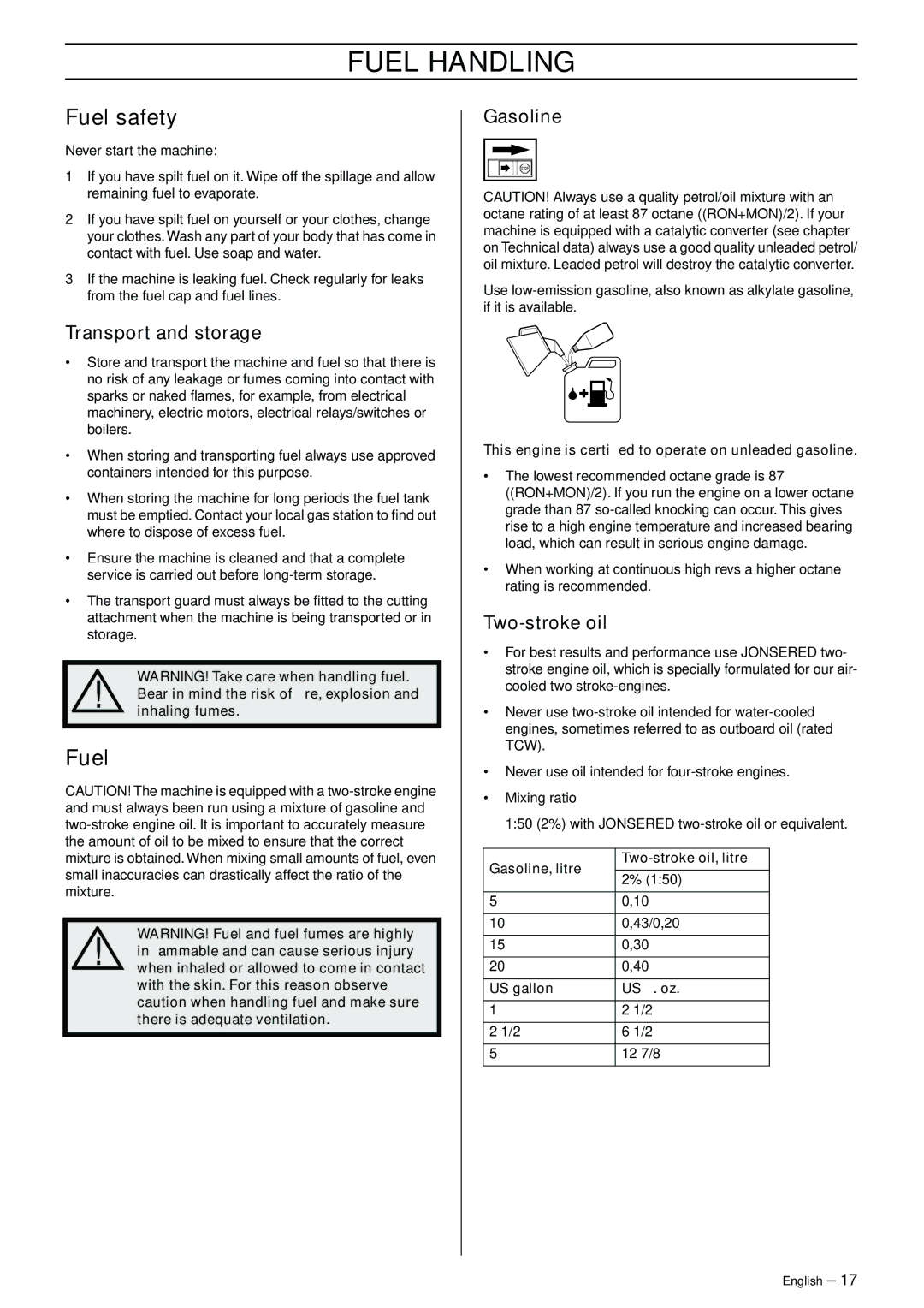 Jonsered GR41/50 manual Fuel Handling, Fuel safety 