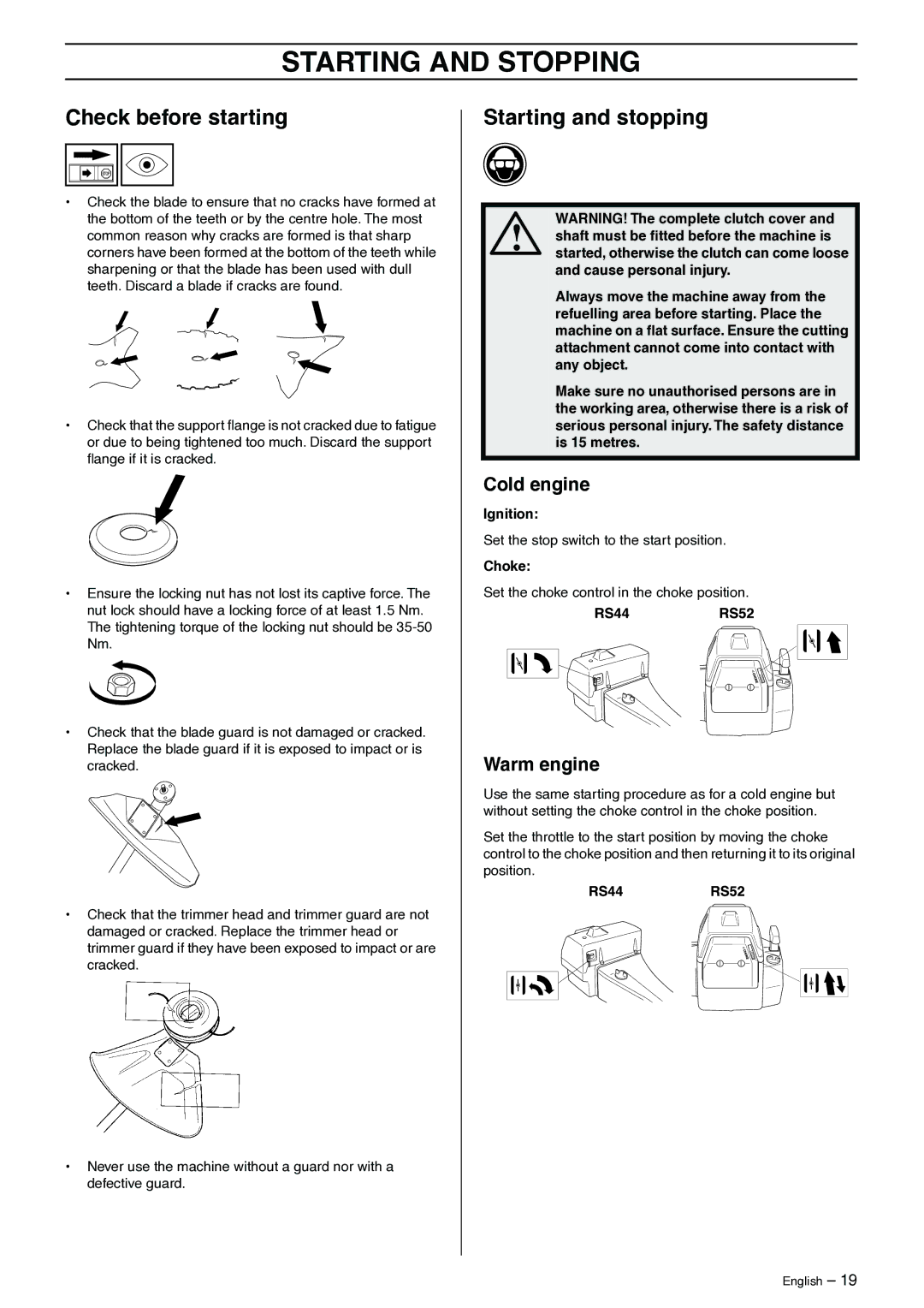 Jonsered GR41/50 manual Starting and Stopping, Check before starting, Starting and stopping, Cold engine, Warm engine 