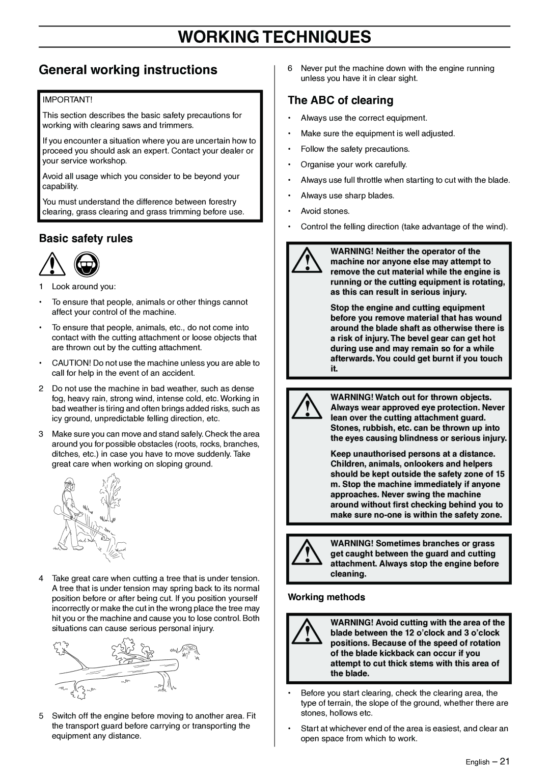 Jonsered GR41/50 manual Working Techniques, General working instructions, Basic safety rules, ABC of clearing 