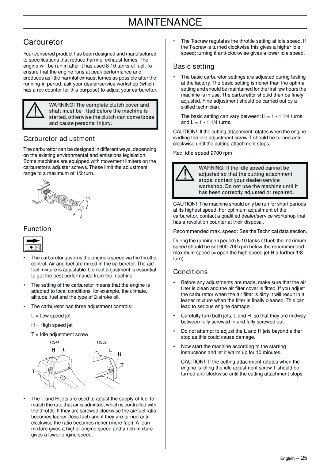 Jonsered GR41/50 manual Maintenance, Carburetor 