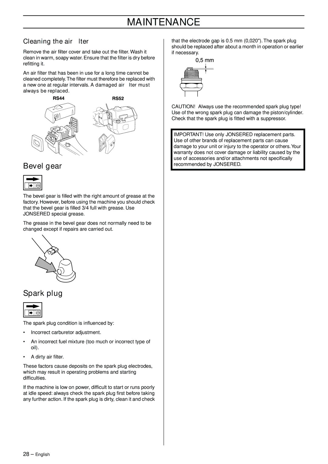 Jonsered GR41/50 manual Bevel gear, Spark plug, Cleaning the air ﬁlter 