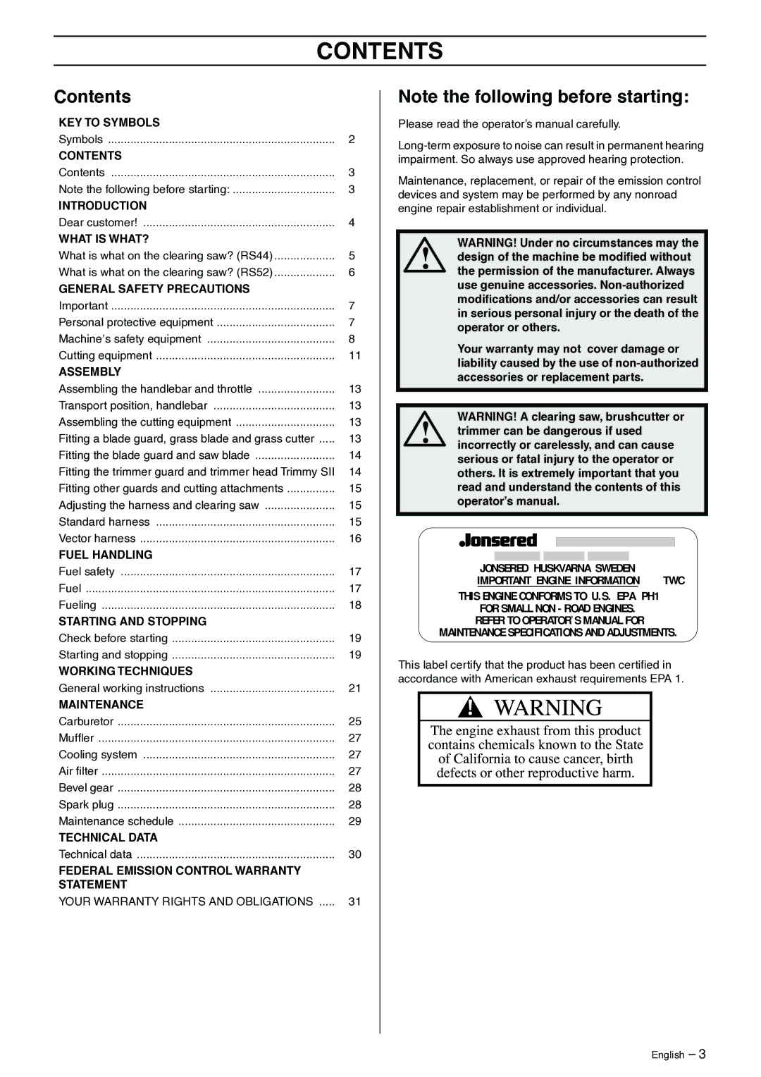 Jonsered GR41/50 manual Contents 