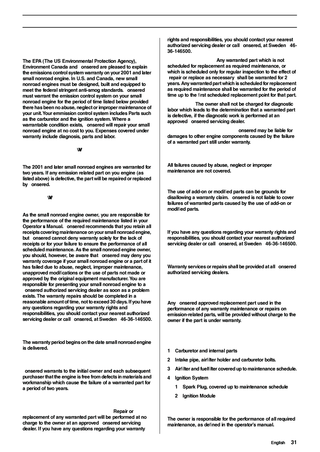 Jonsered GR41/50 manual Federal Emission Control Warranty Statement, Your Warranty Rights and Obligations 