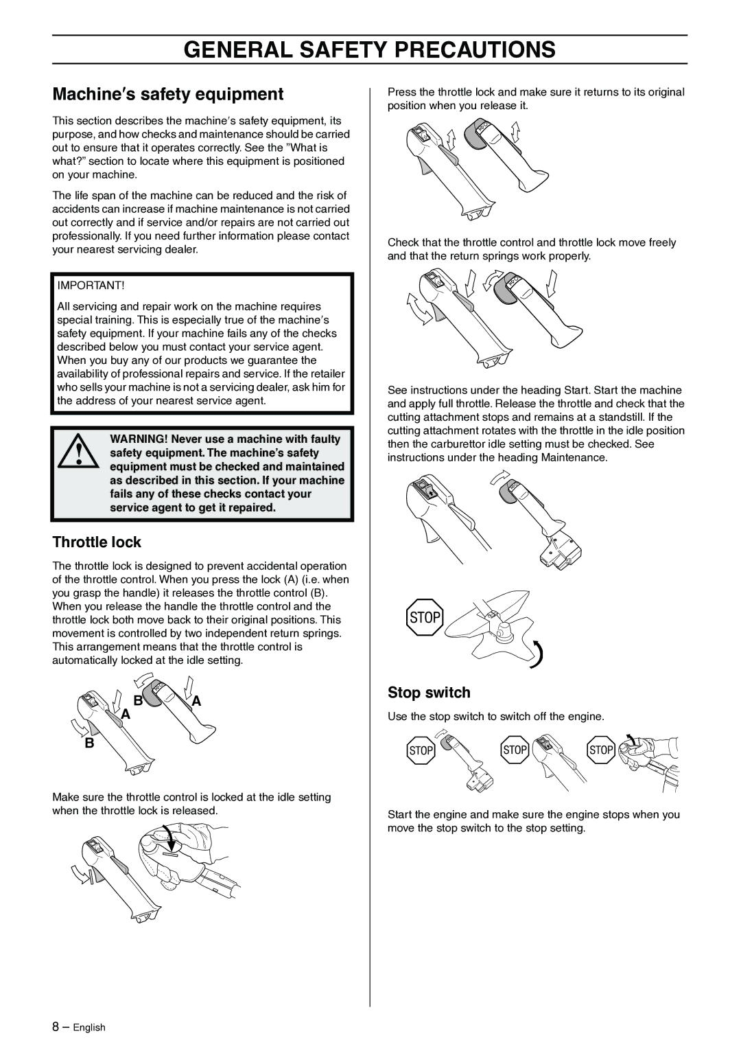 Jonsered GR41/50 manual Machine′s safety equipment, Throttle lock, Stop switch 