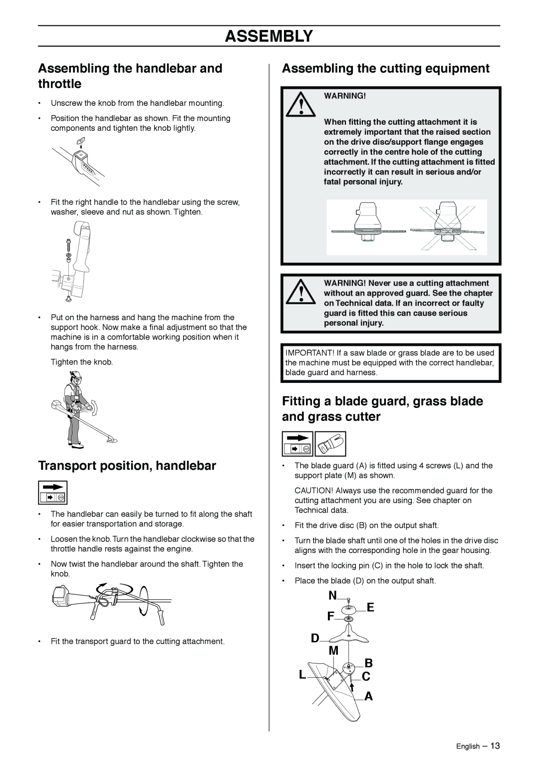 Jonsered GR50 manual Assembly, Transport position, handlebar, Fitting a blade guard, grass blade and grass cutter 