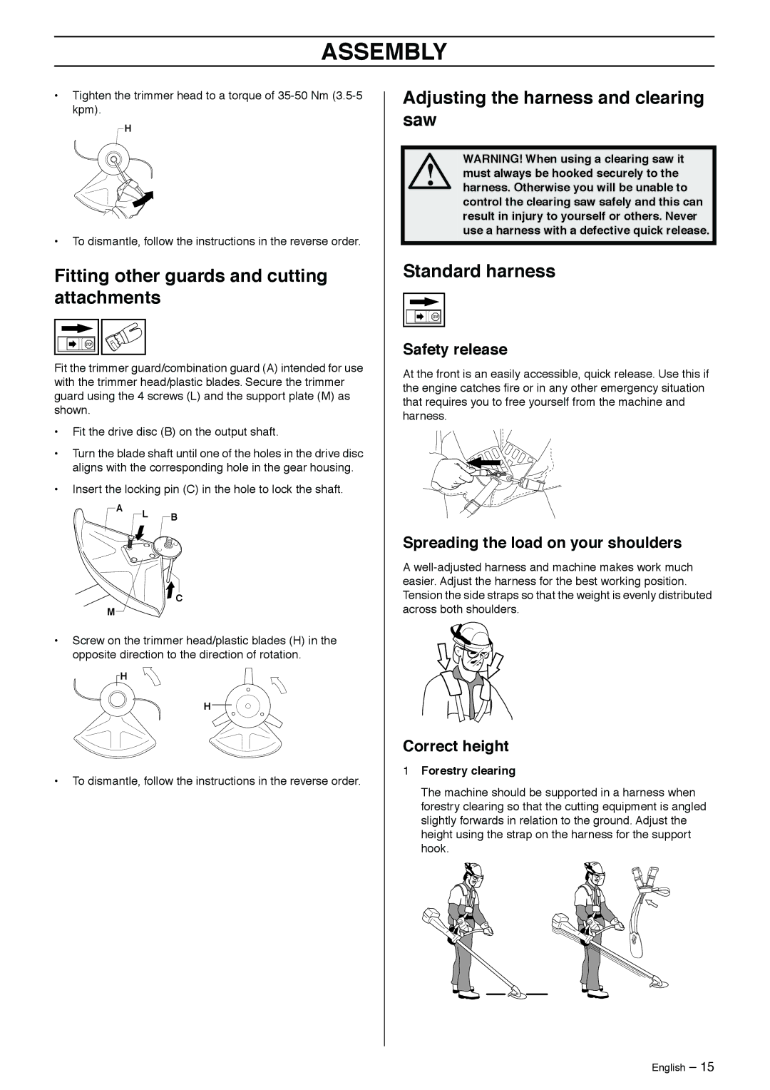 Jonsered GR50 manual Fitting other guards and cutting attachments, Adjusting the harness and clearing saw, Standard harness 