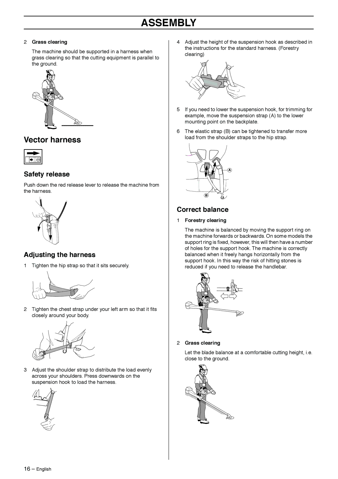 Jonsered GR50 manual Vector harness, Adjusting the harness, Correct balance 