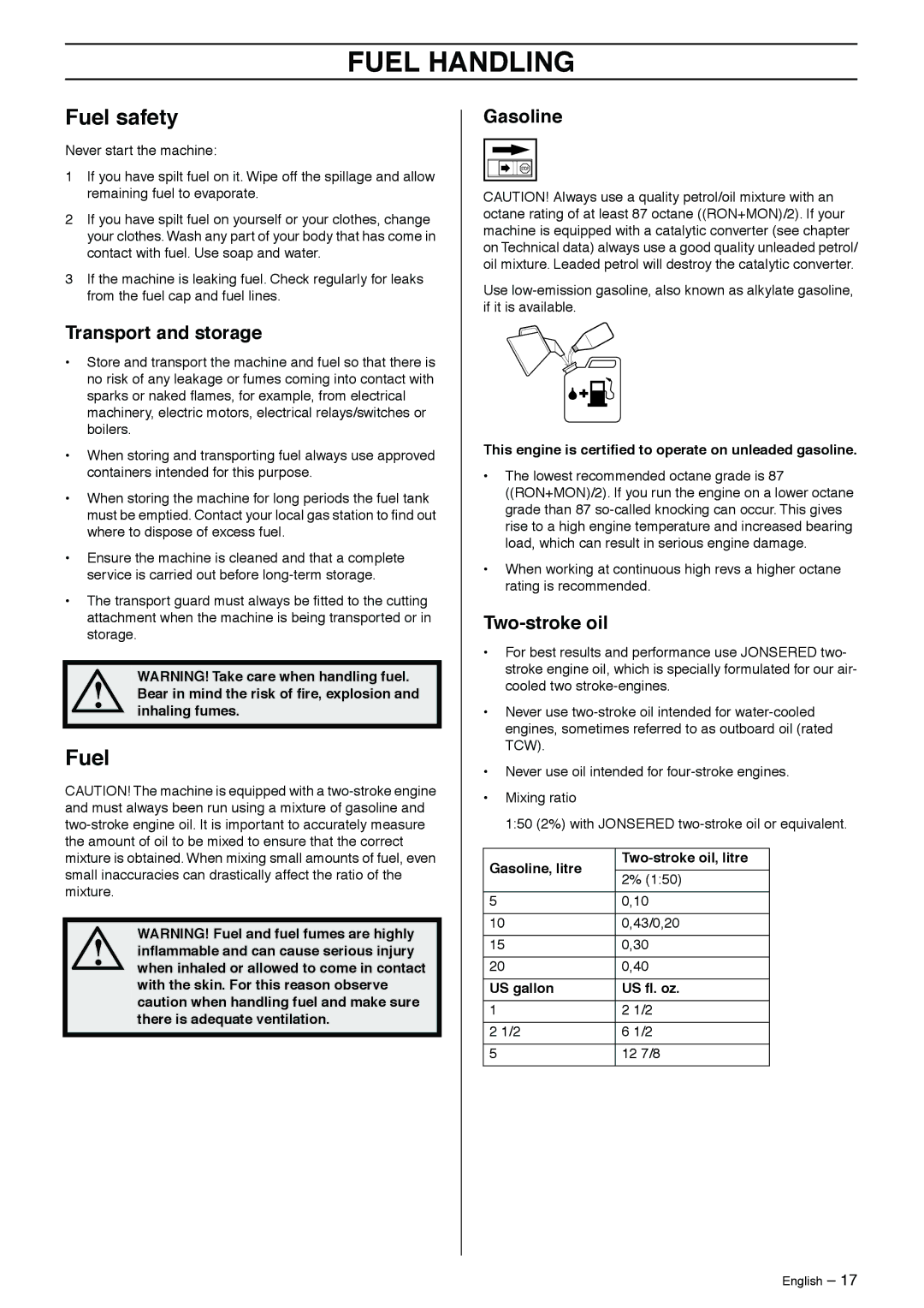 Jonsered GR50 manual Fuel Handling, Fuel safety 