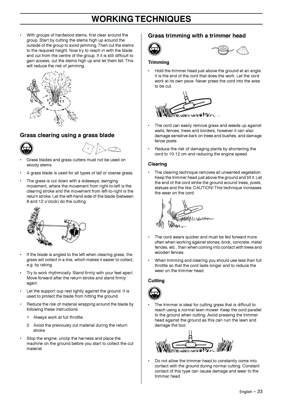 Jonsered GR50 manual Grass clearing using a grass blade, Grass trimming with a trimmer head 