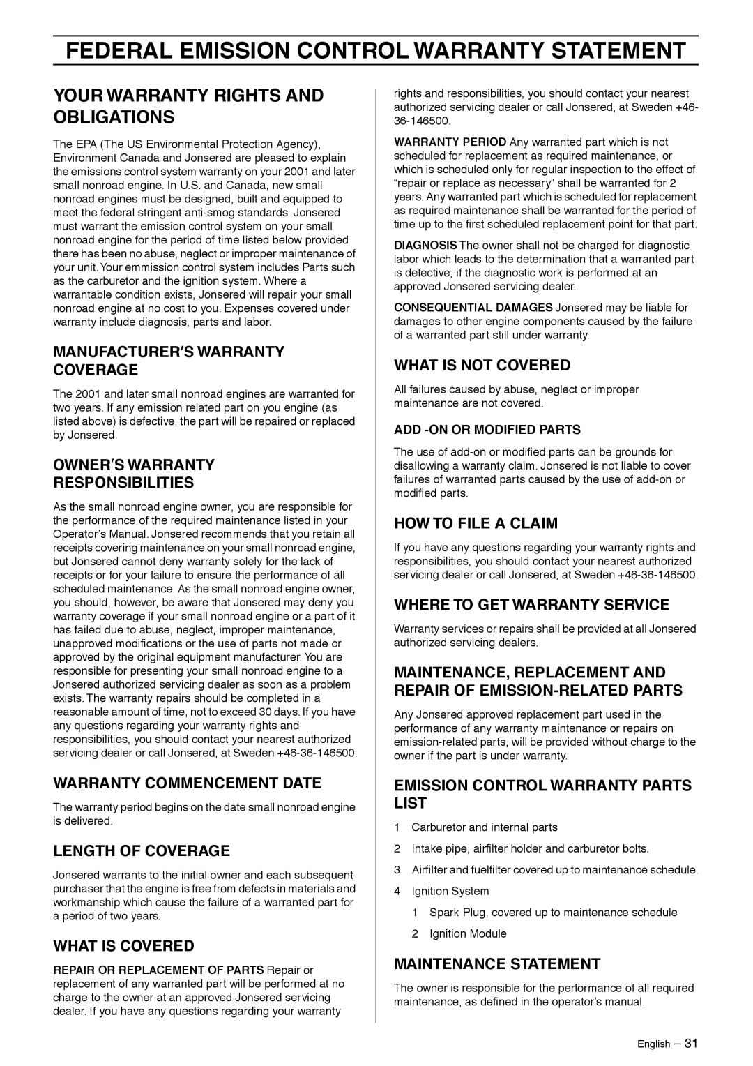 Jonsered GR50 manual Federal Emission Control Warranty Statement, Your Warranty Rights and Obligations 