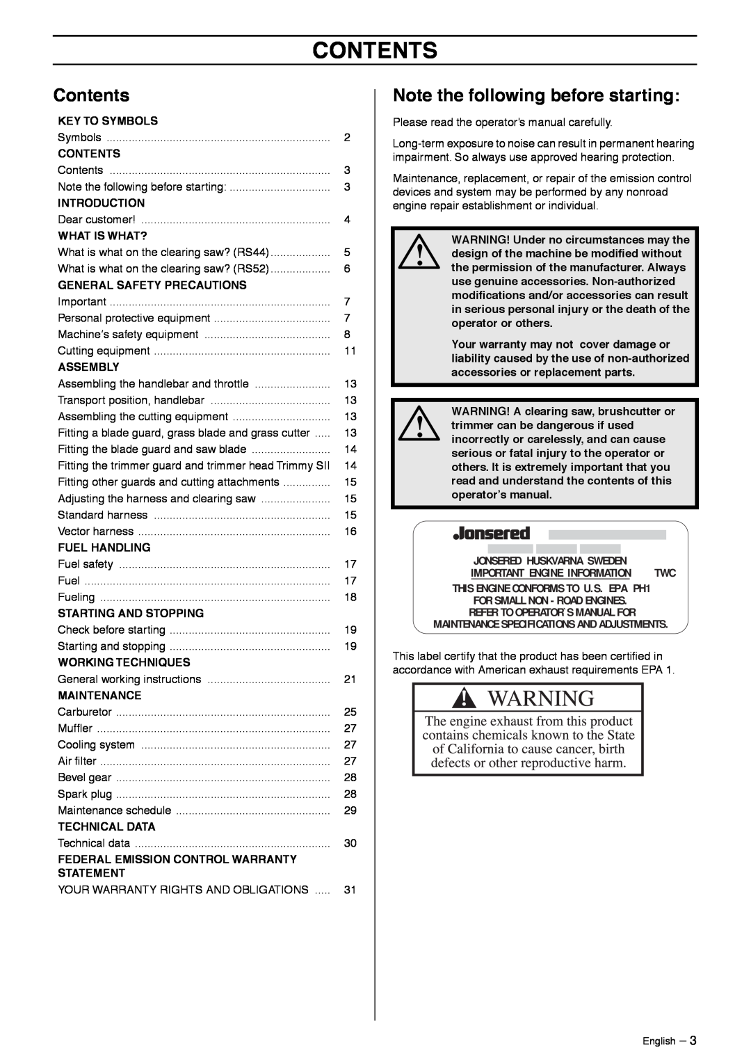 Jonsered GR50 manual Contents, Note the following before starting, Key To Symbols, Introduction, What Is What?, Assembly 