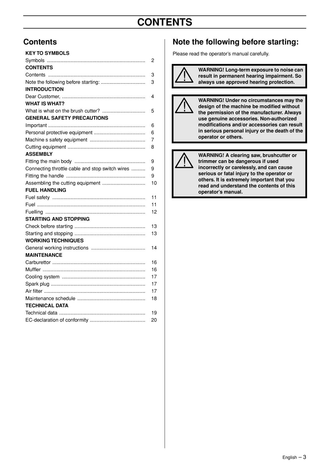 Jonsered GT2123 manual Contents 