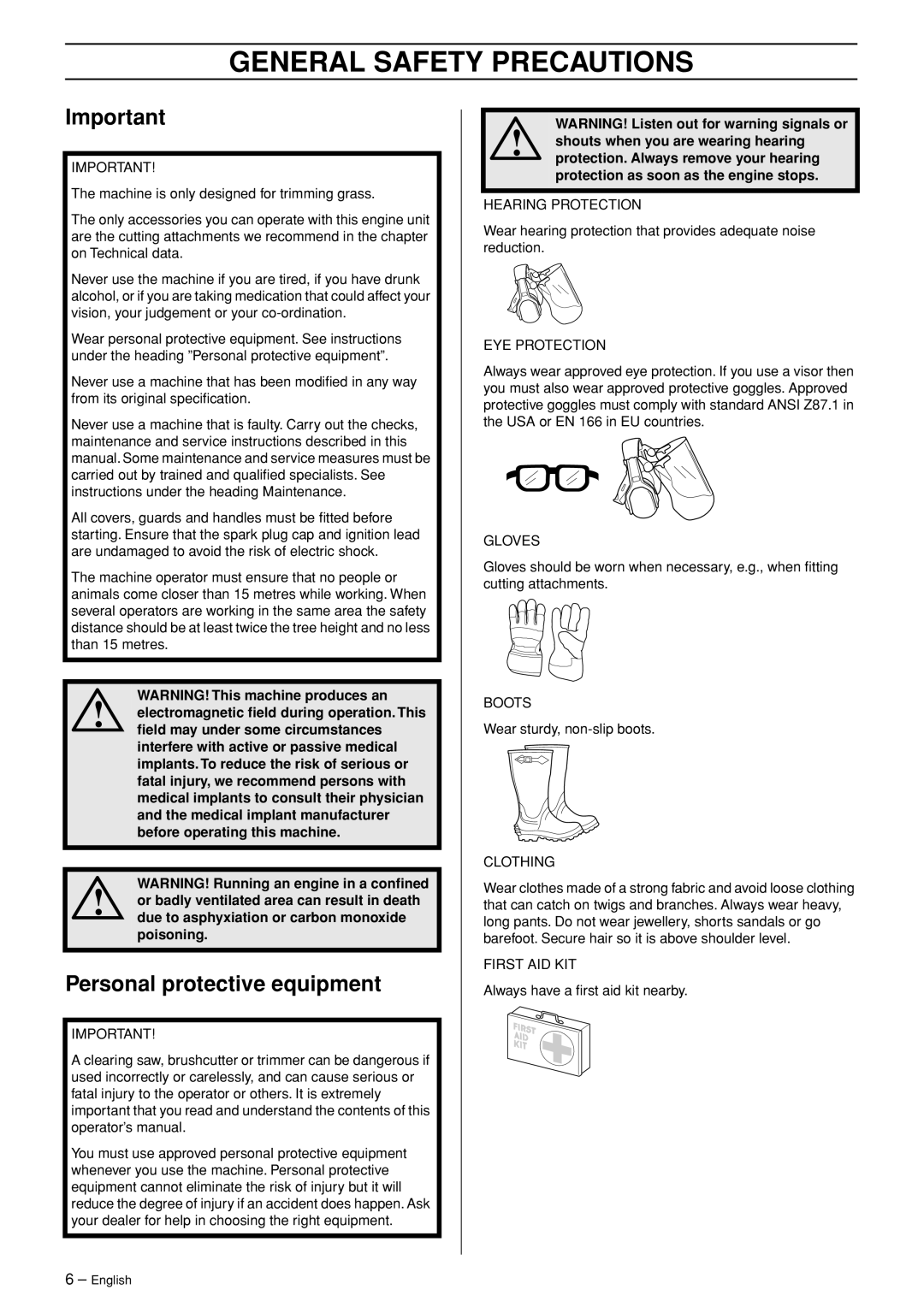 Jonsered GT2123 manual General Safety Precautions, Personal protective equipment 