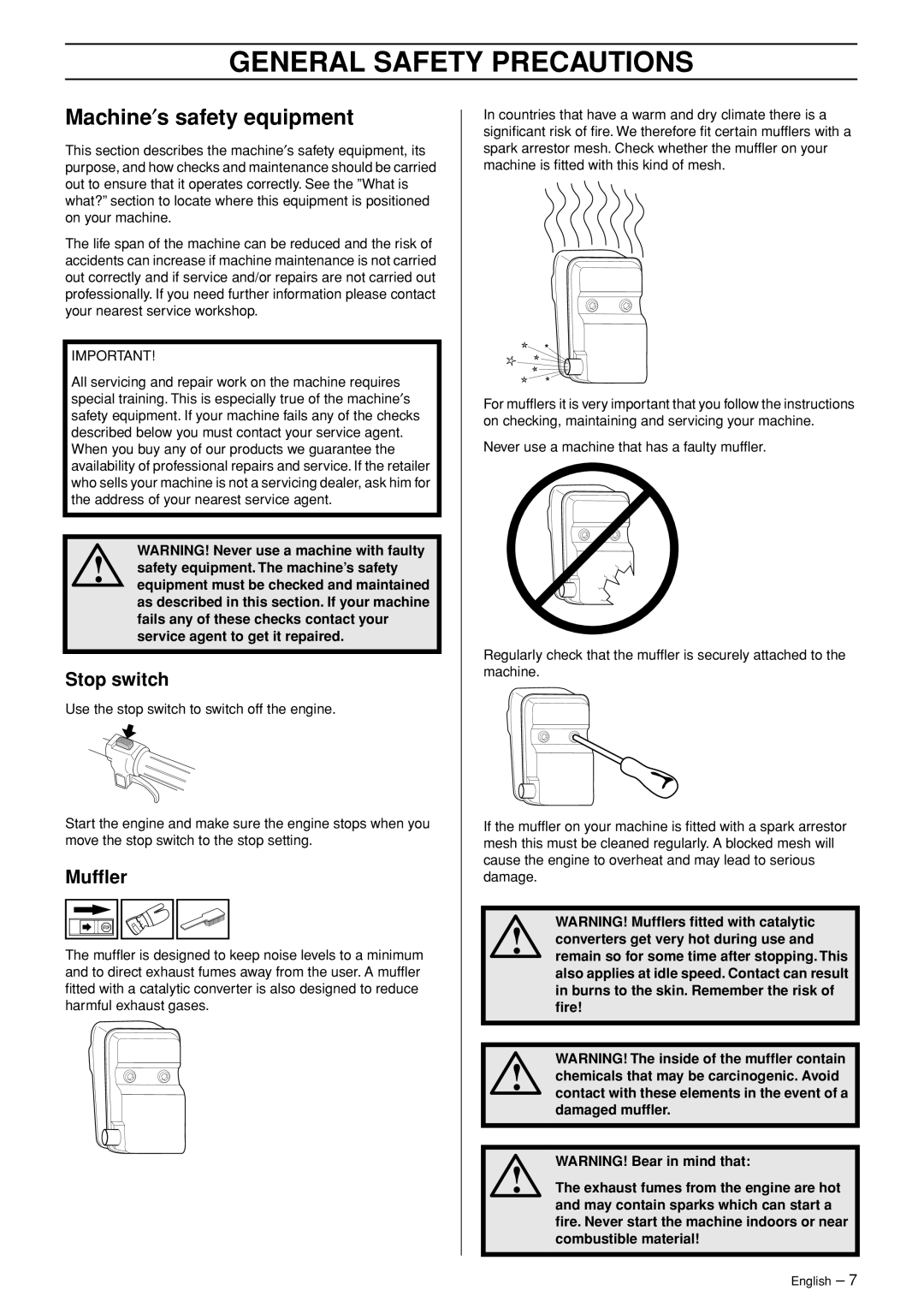 Jonsered GT2123 manual Machine′s safety equipment, Stop switch, Mufﬂer 