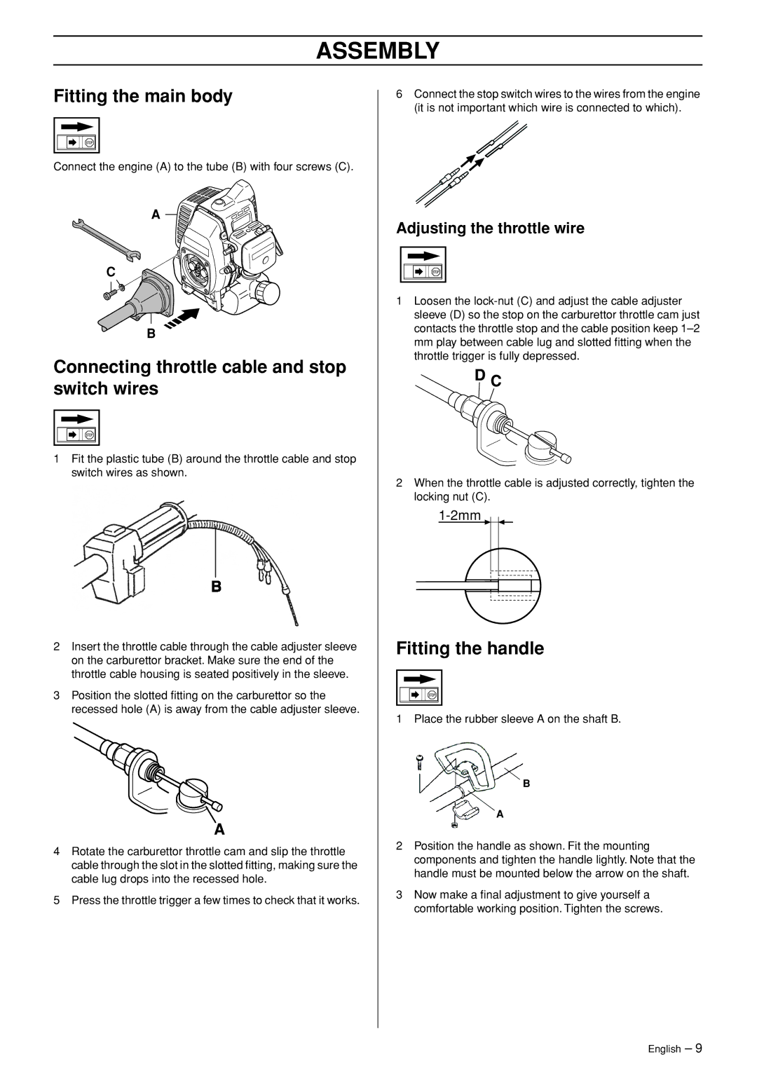 Jonsered GT2123 manual Assembly, Fitting the main body, Connecting throttle cable and stop switch wires, Fitting the handle 